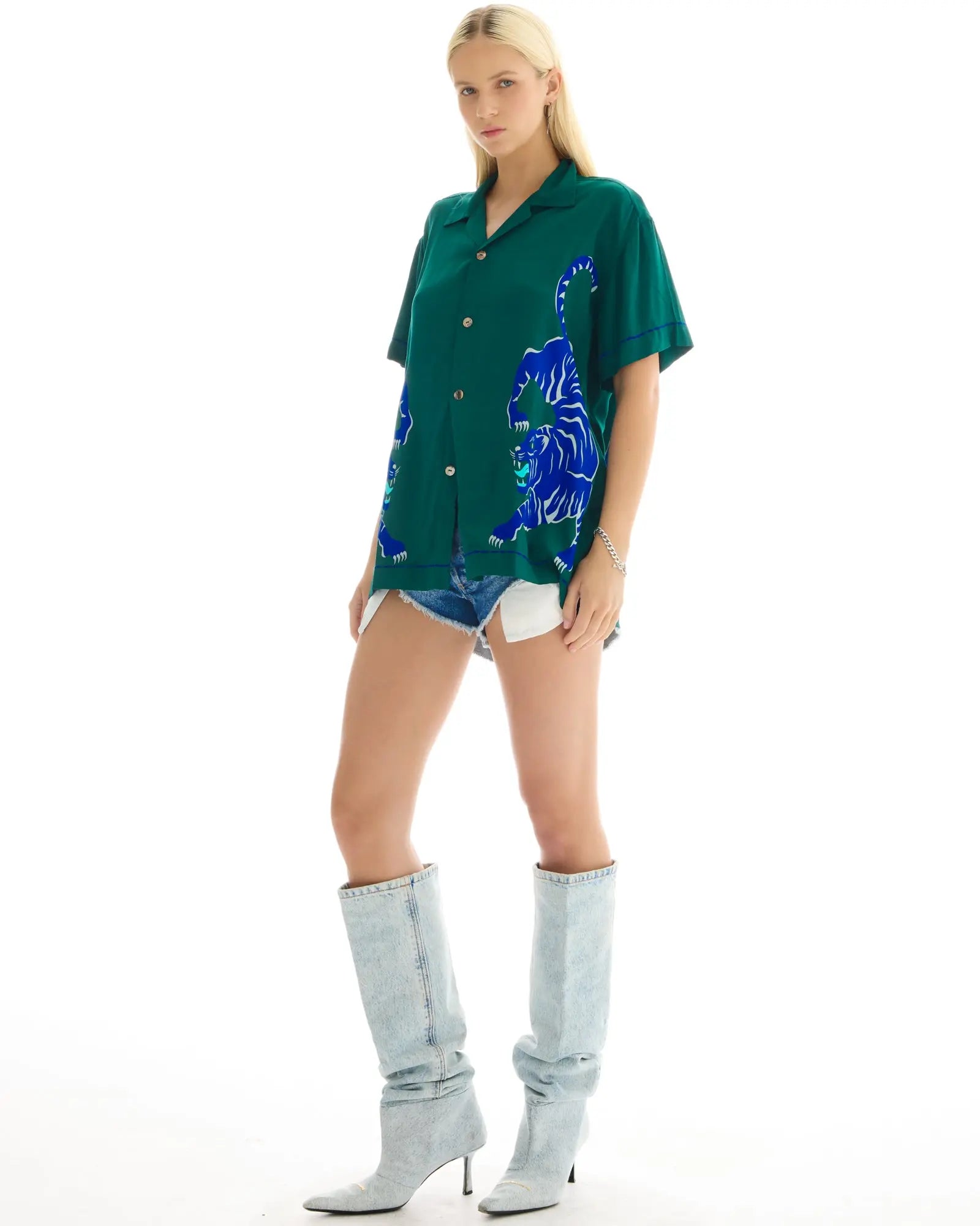 Crouching Tiger Emerald Camp Shirt by THE TALES - front view