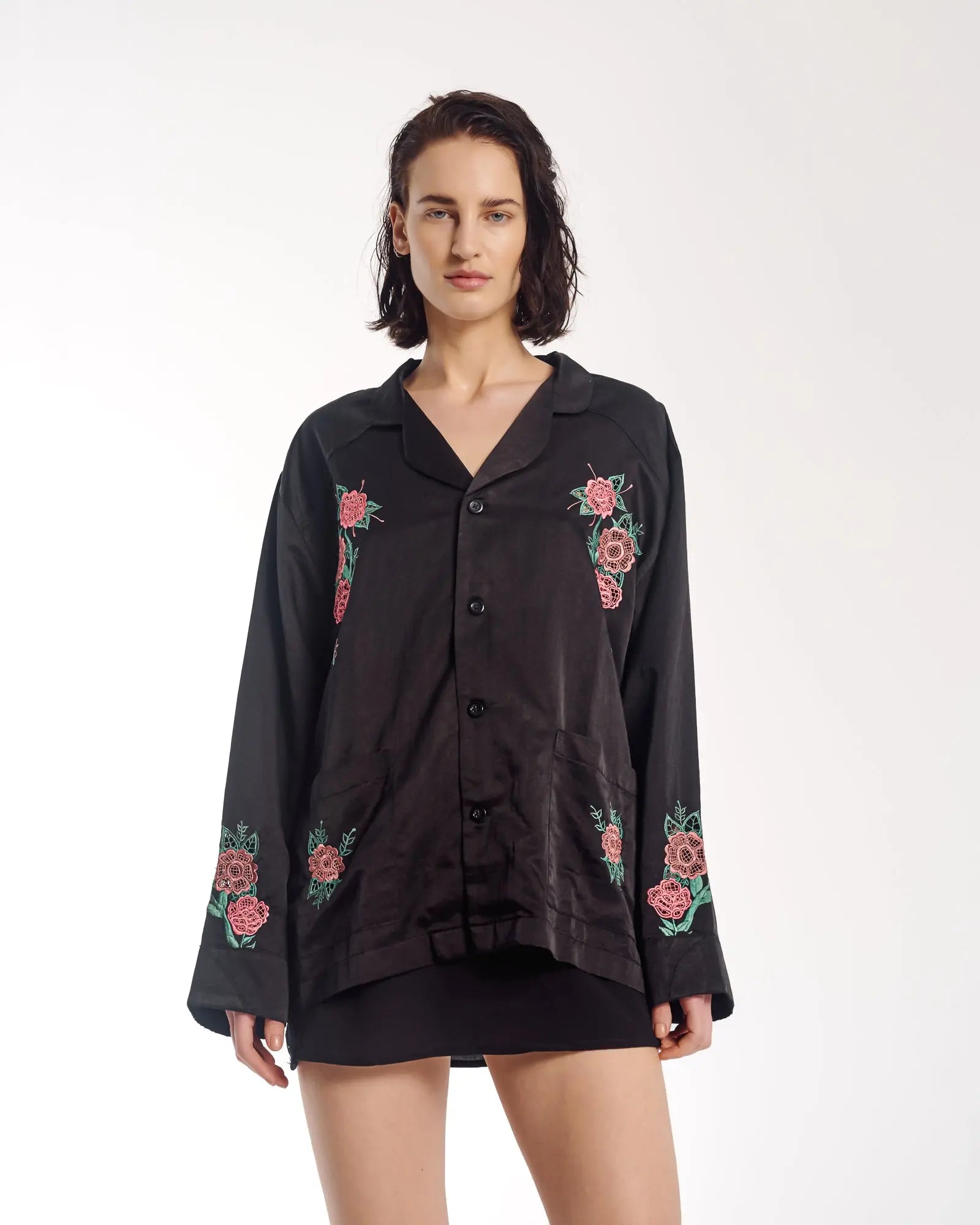 Rose Garden Satin Embroidered Peasant Shirt by THE TALES - front view