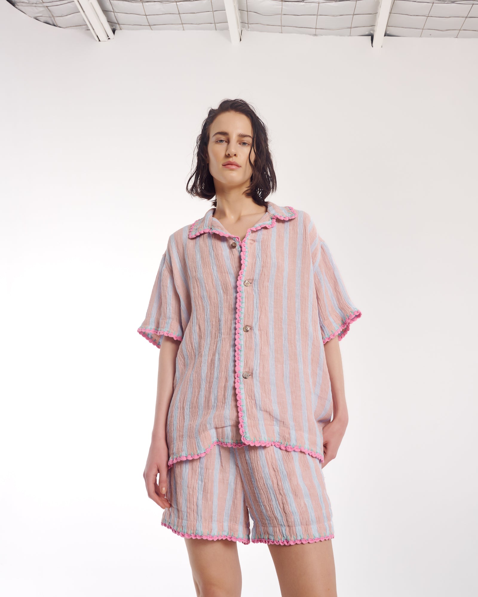 Hand Crochet Trimmed Stripe Linen Shorts