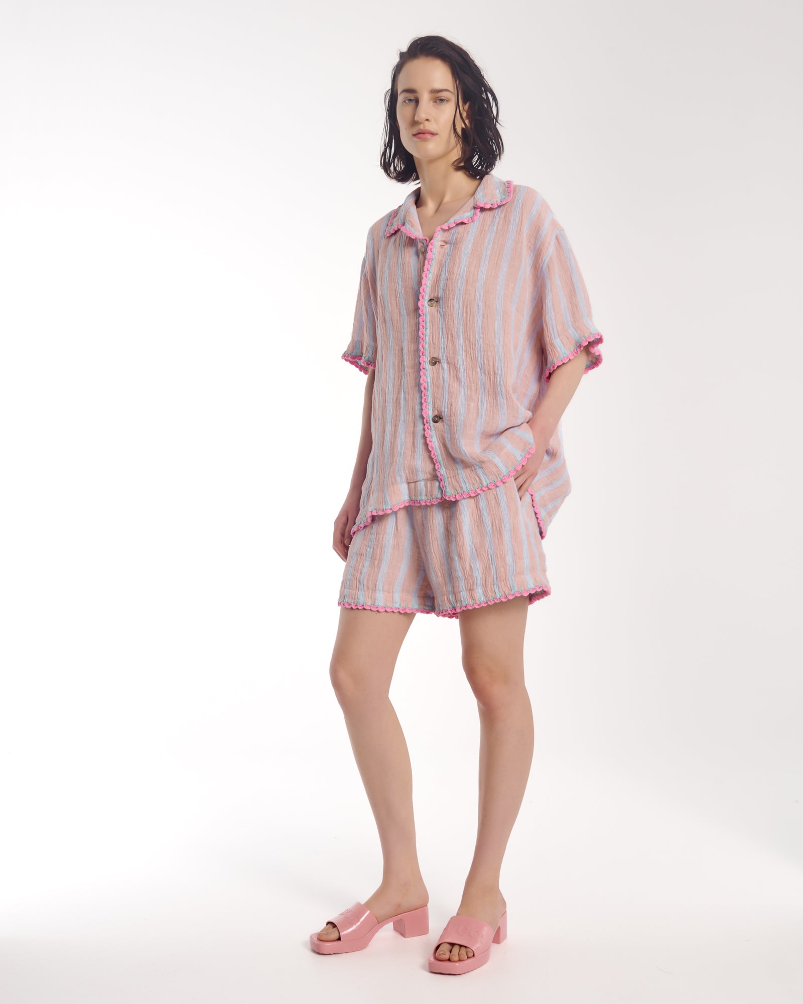 Hand Crochet Trimmed Stripe Linen Shorts