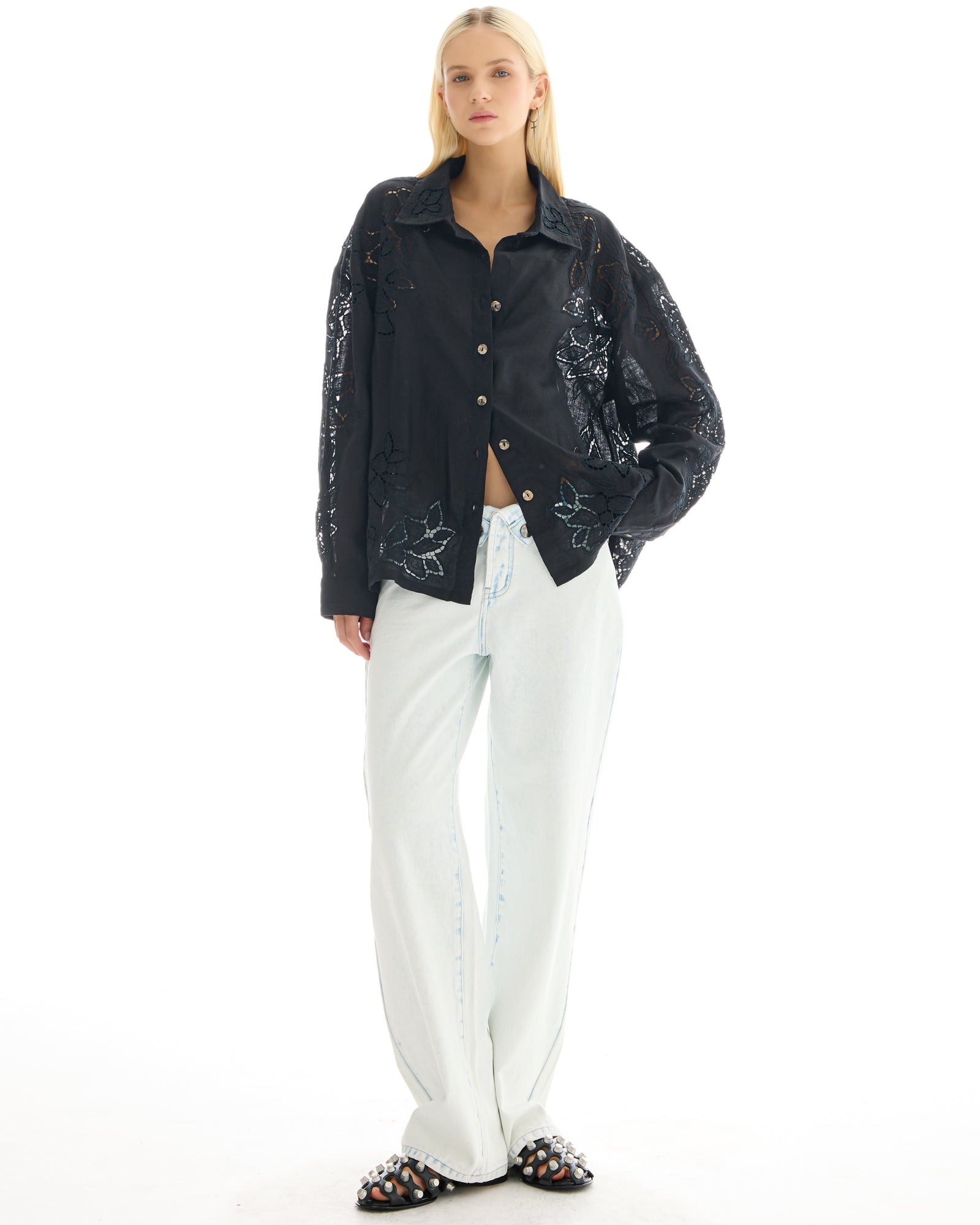Ophelia Hand Embroidered Cut Out Floral Linen Shirt