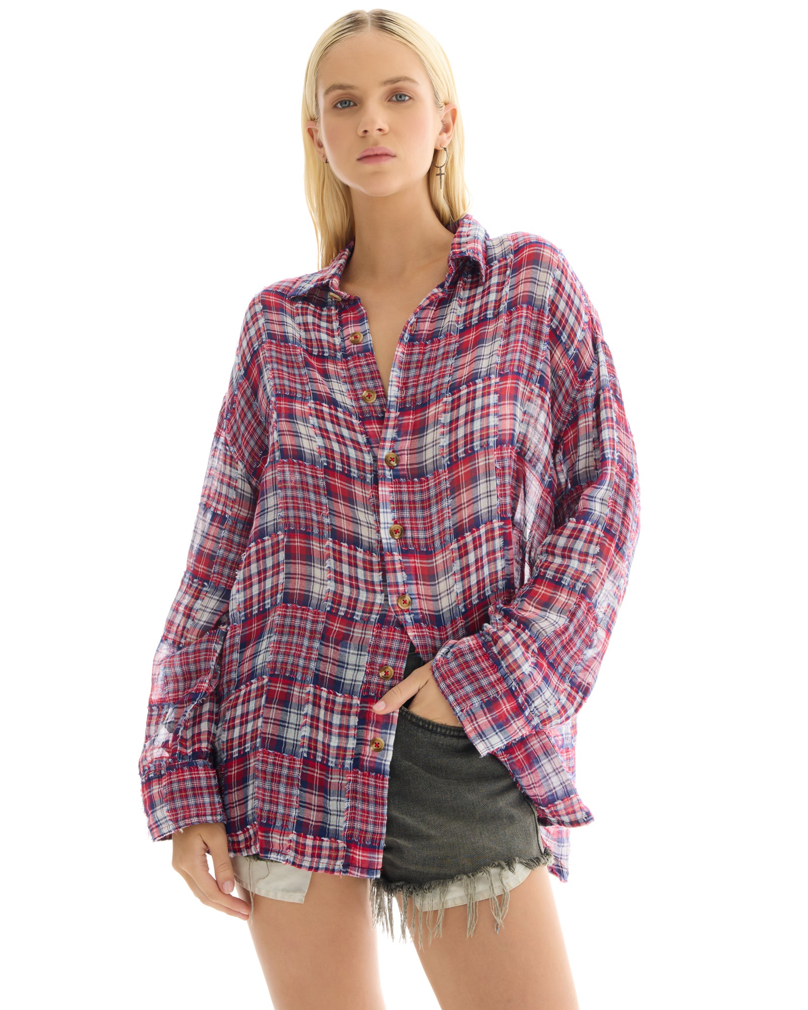 Red Frayed Patchwork Check Shirt