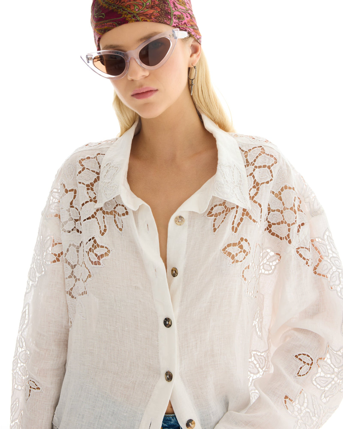 Ophelia Hand Embroidered Cut Out Floral Linen Shirt by THE TALES - side view