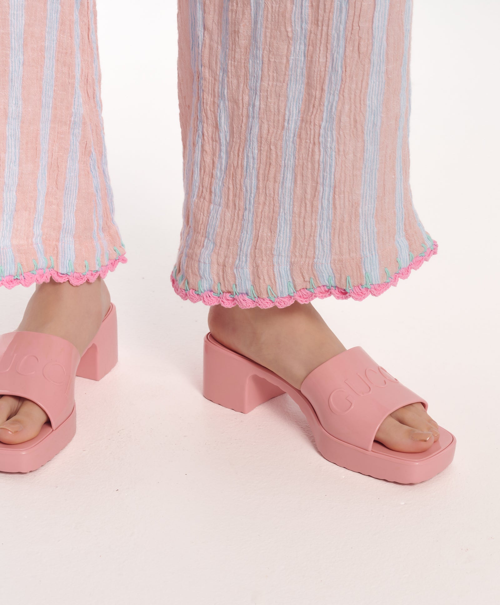 Hand Crochet Trimmed Stripe Linen Pants