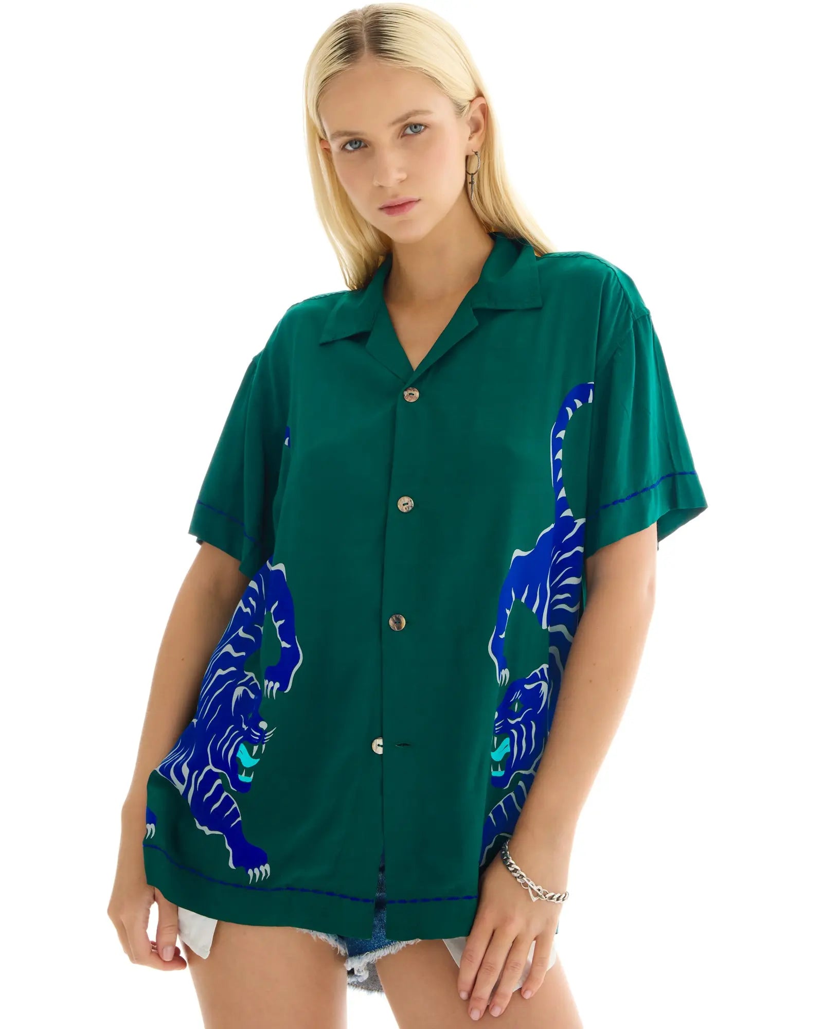 Crouching Tiger Emerald Camp Shirt by THE TALES - close-up detail