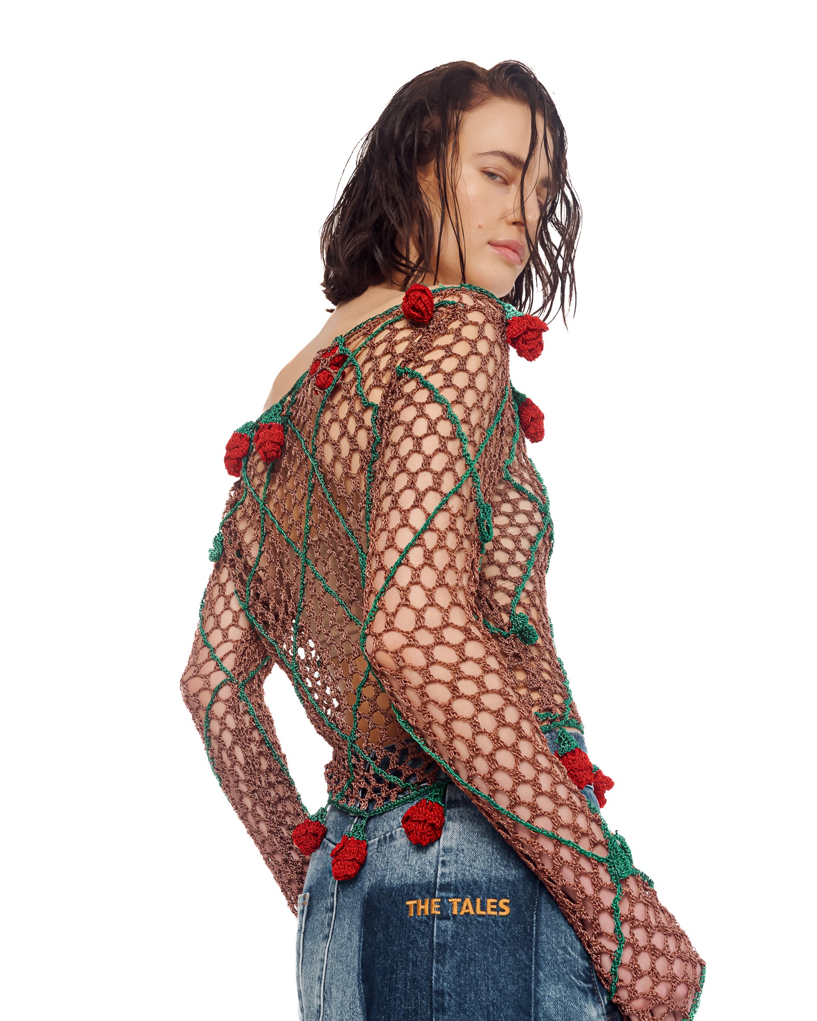 Couture Rose Hand Crochet Mesh Long Sleeve Top