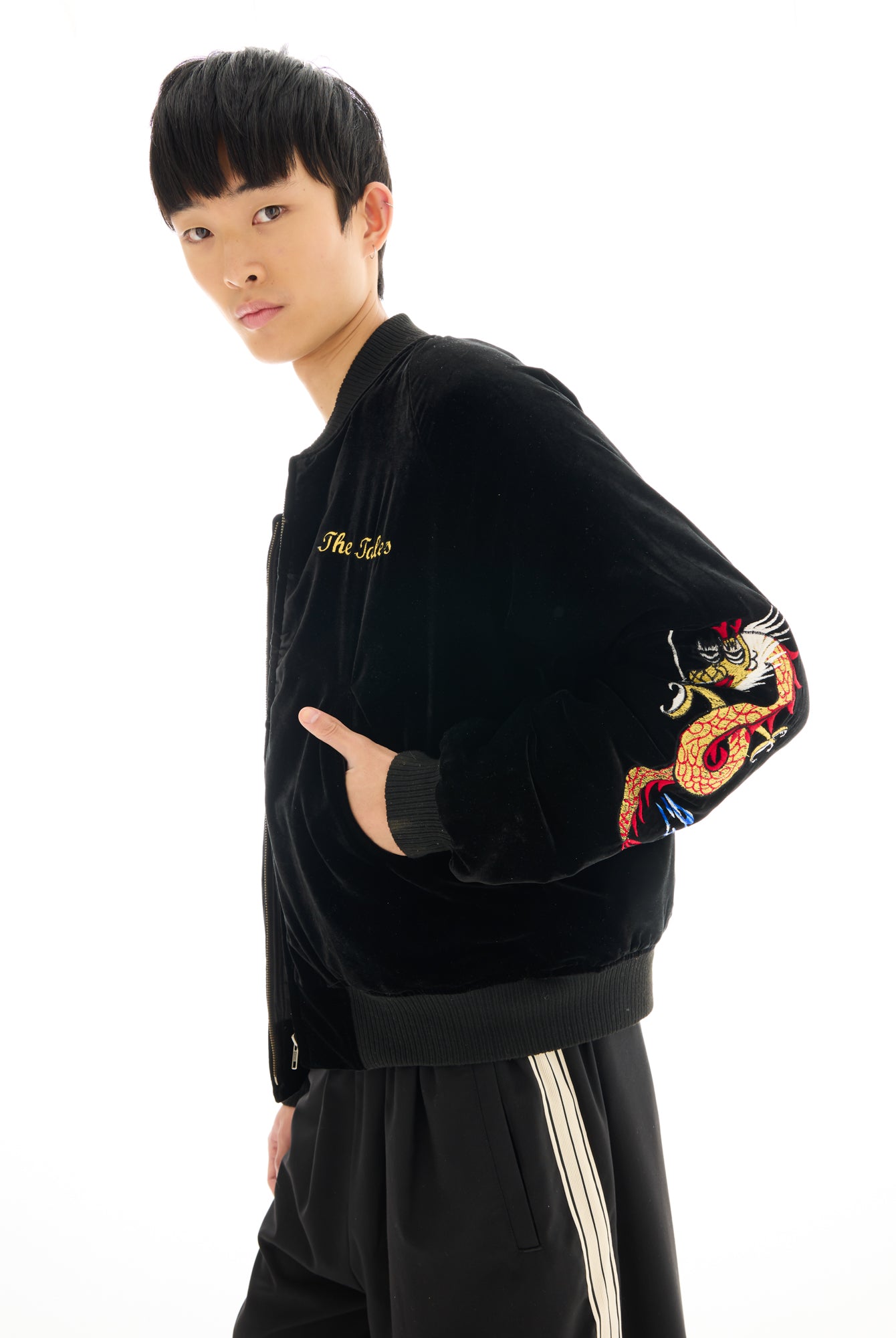 Tokyo Dragon Embroidered Velvet Bomber Jacket