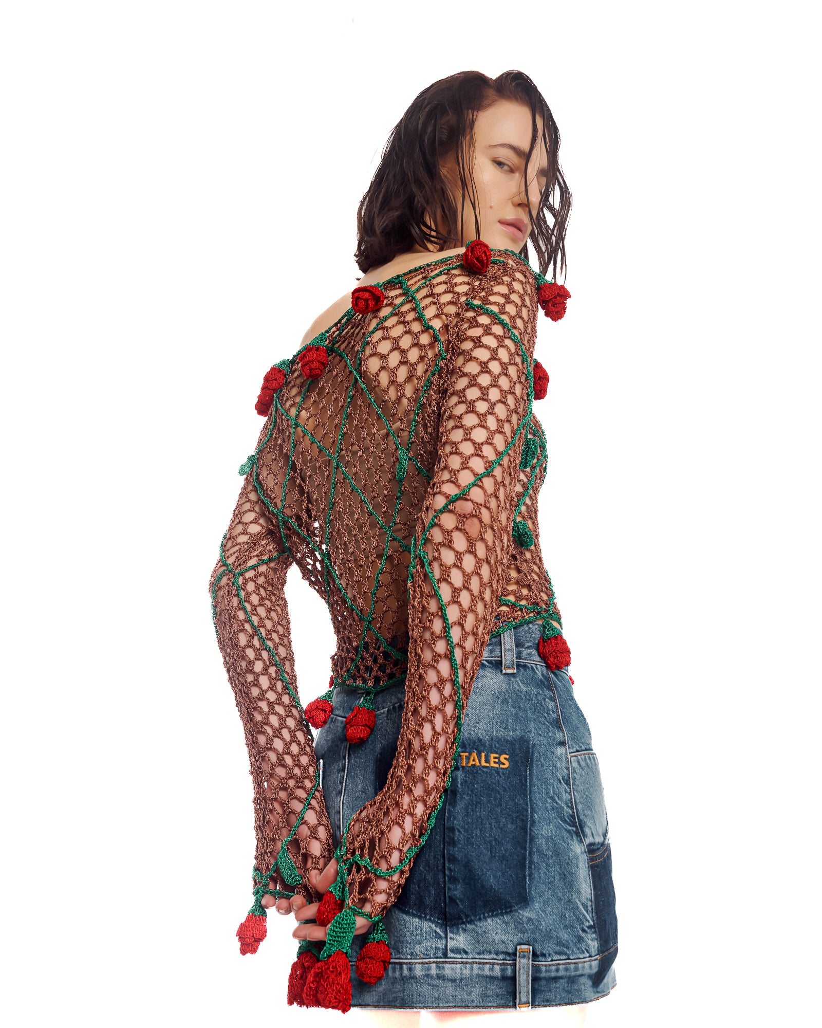 Couture Rose Hand Crochet Mesh Long Sleeve Top