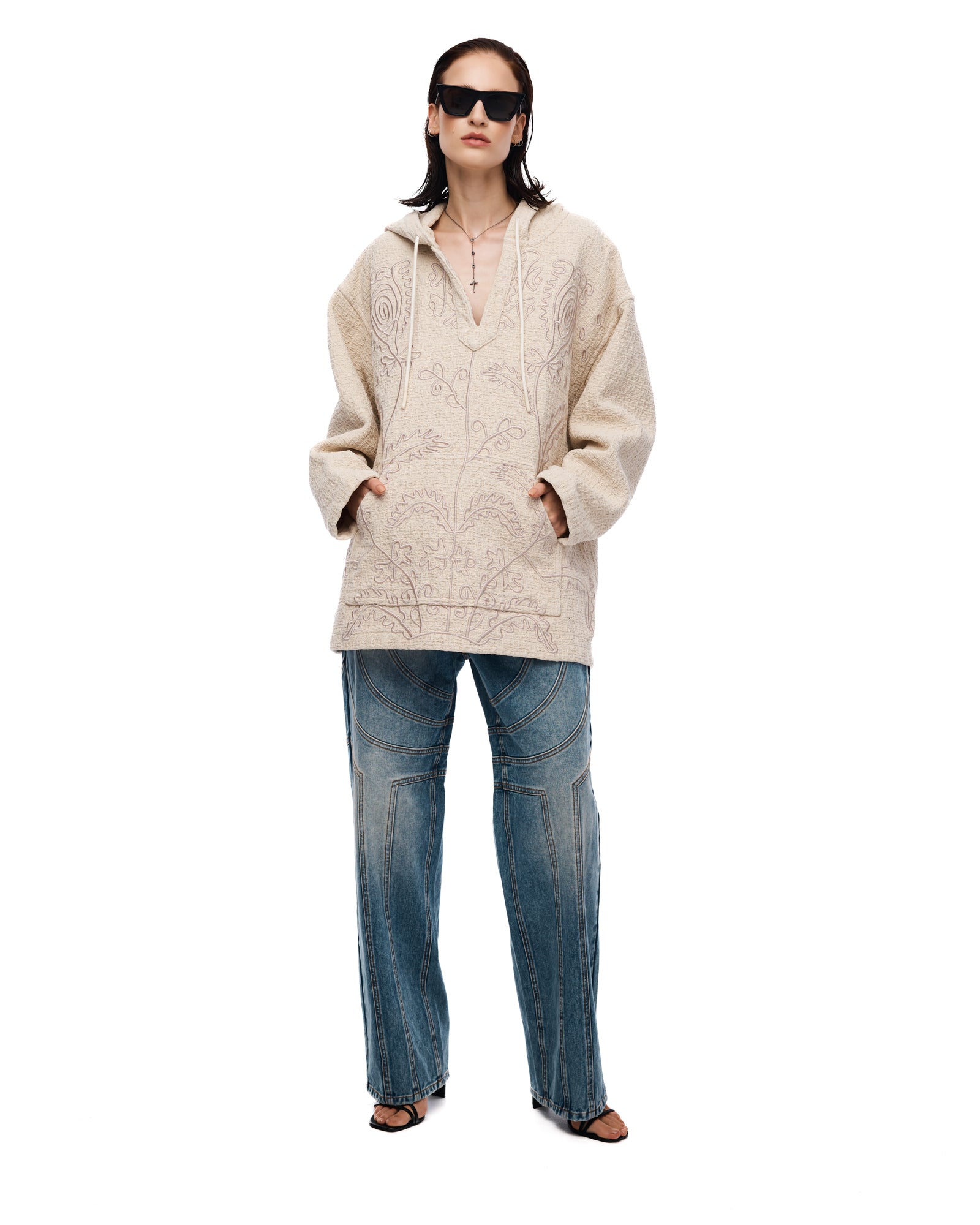 Textured Flower Embroidered Hooded Jacket