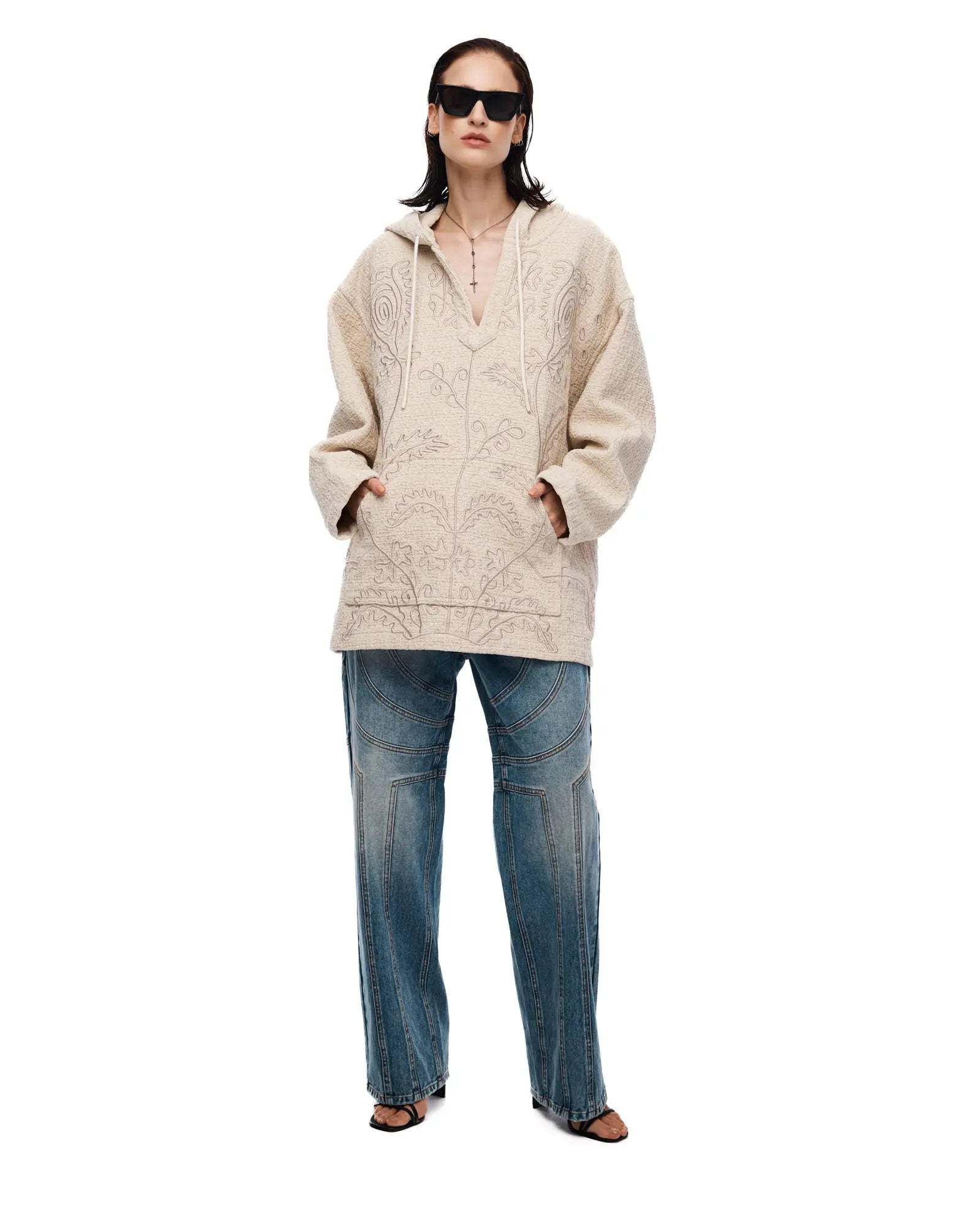 Textured Flower Embroidered Hooded Jacket THE TALES