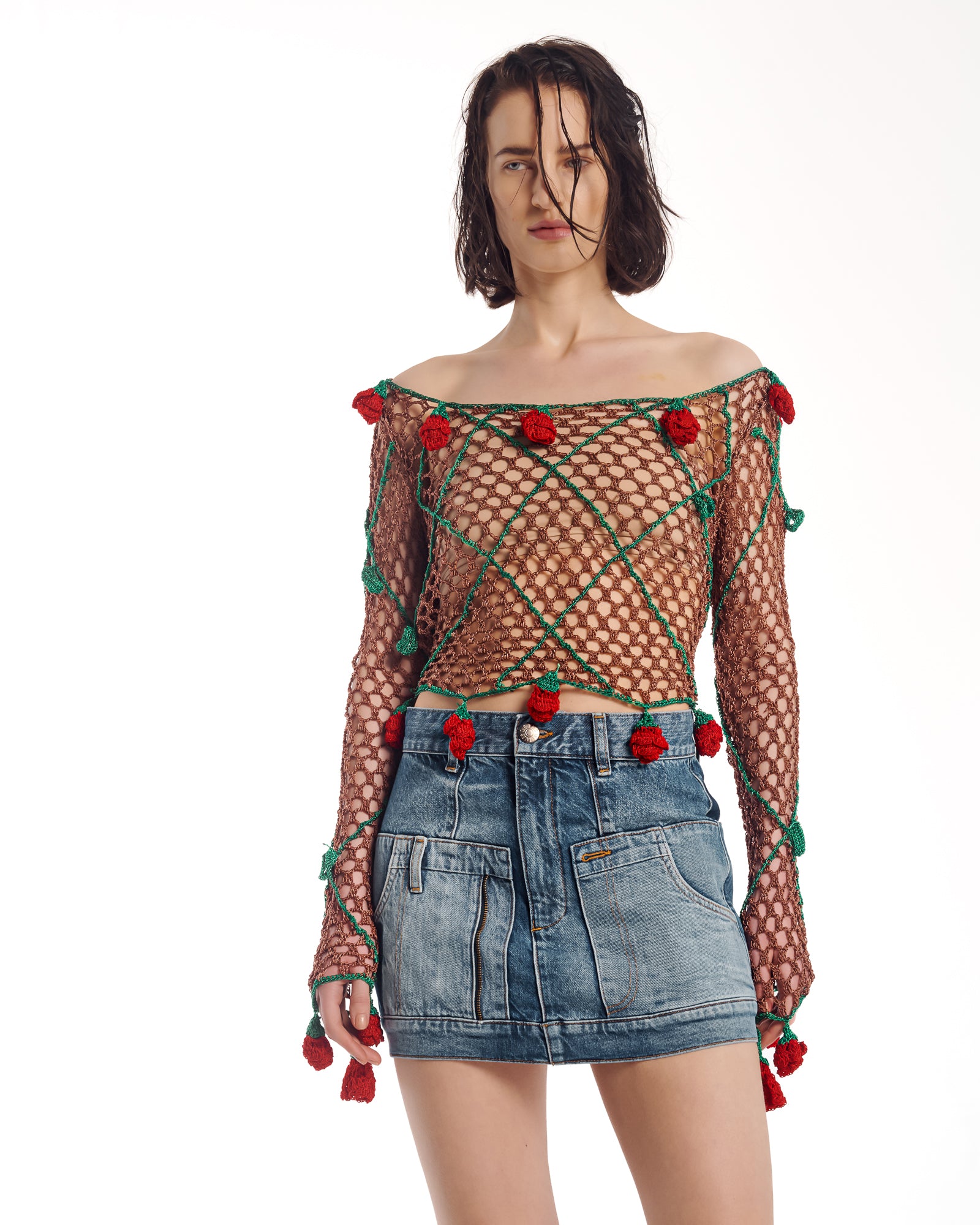 Couture Rose Hand Crochet Mesh Long Sleeve Top