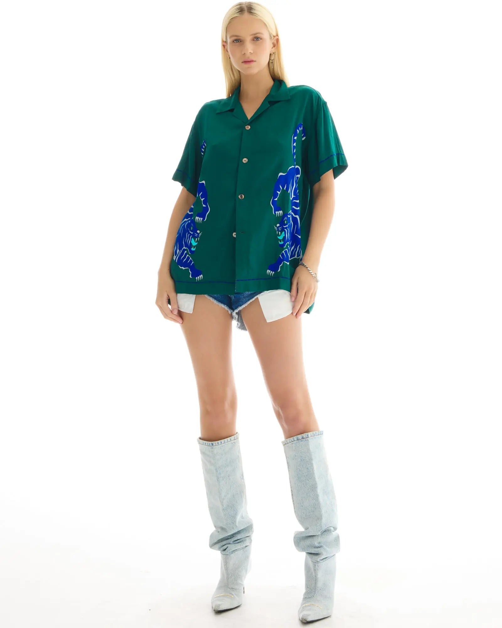 Crouching Tiger Emerald Camp Shirt by THE TALES - side view