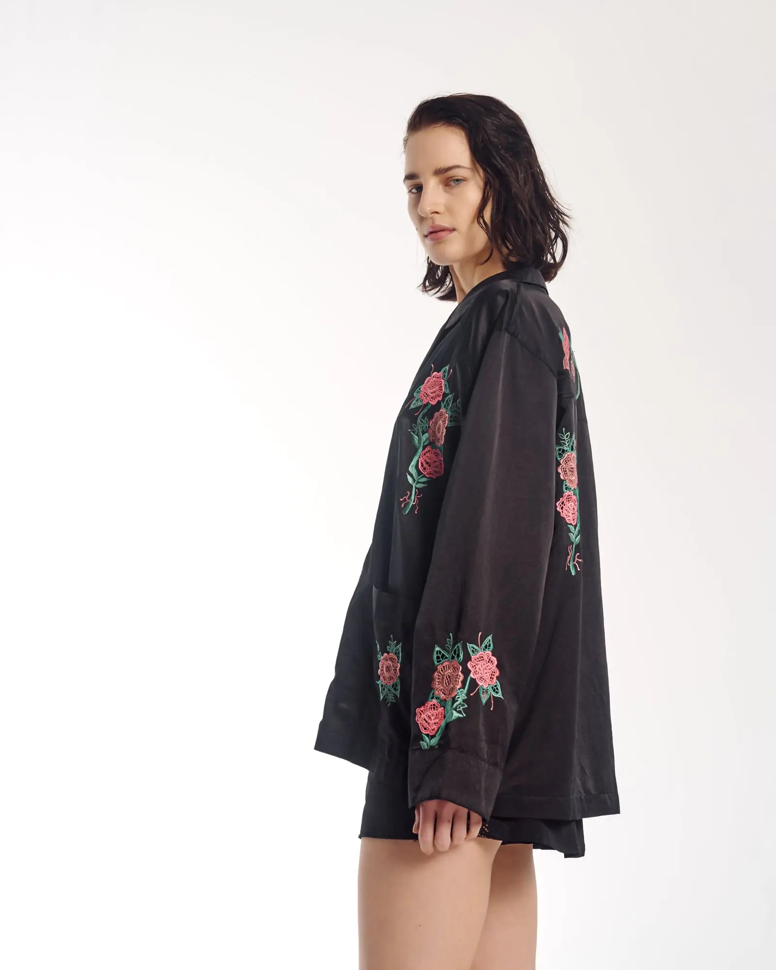 Rose Garden Satin Embroidered Peasant Shirt by THE TALES - side view