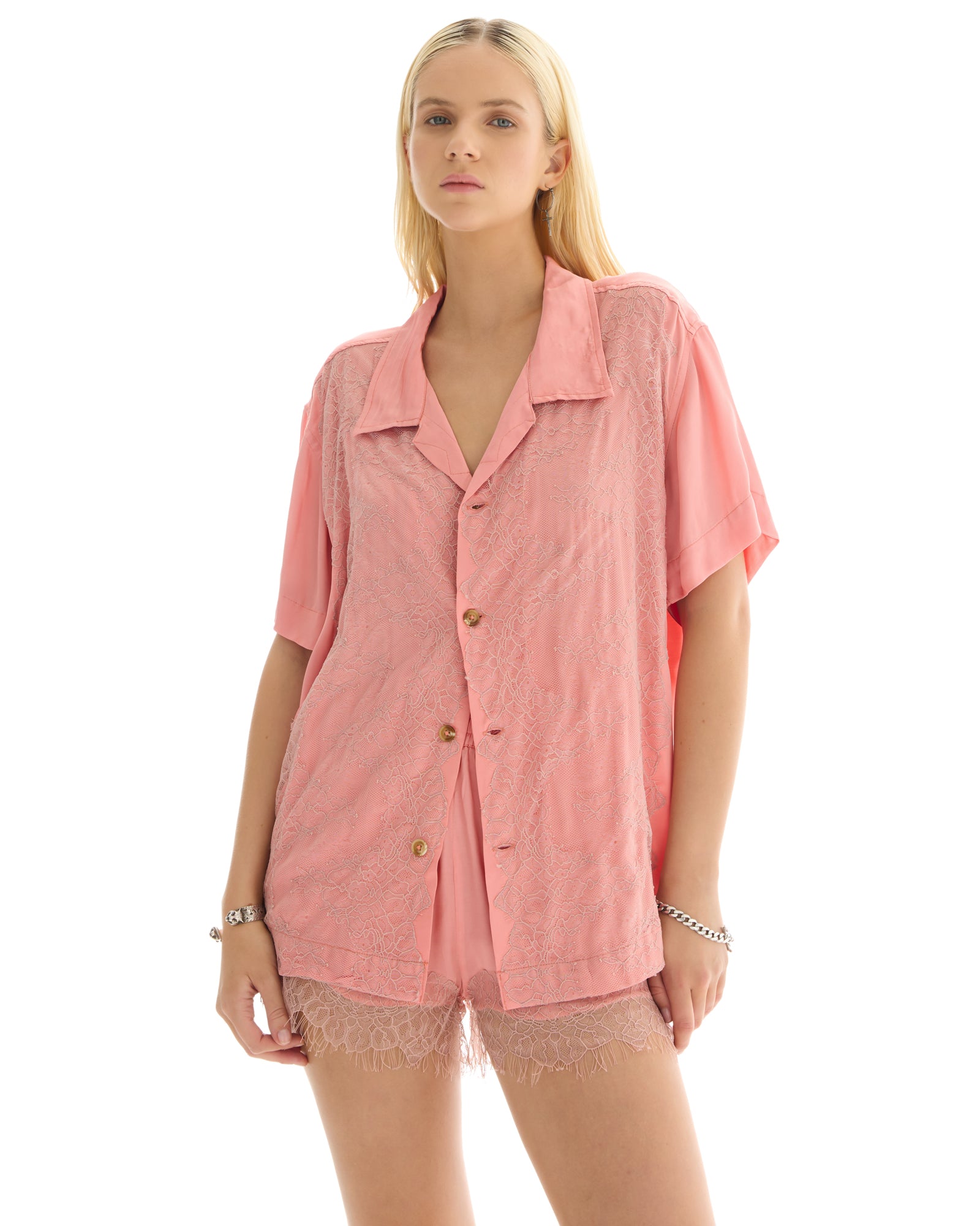 Pink Pixie Satin Lace Camp Shirt