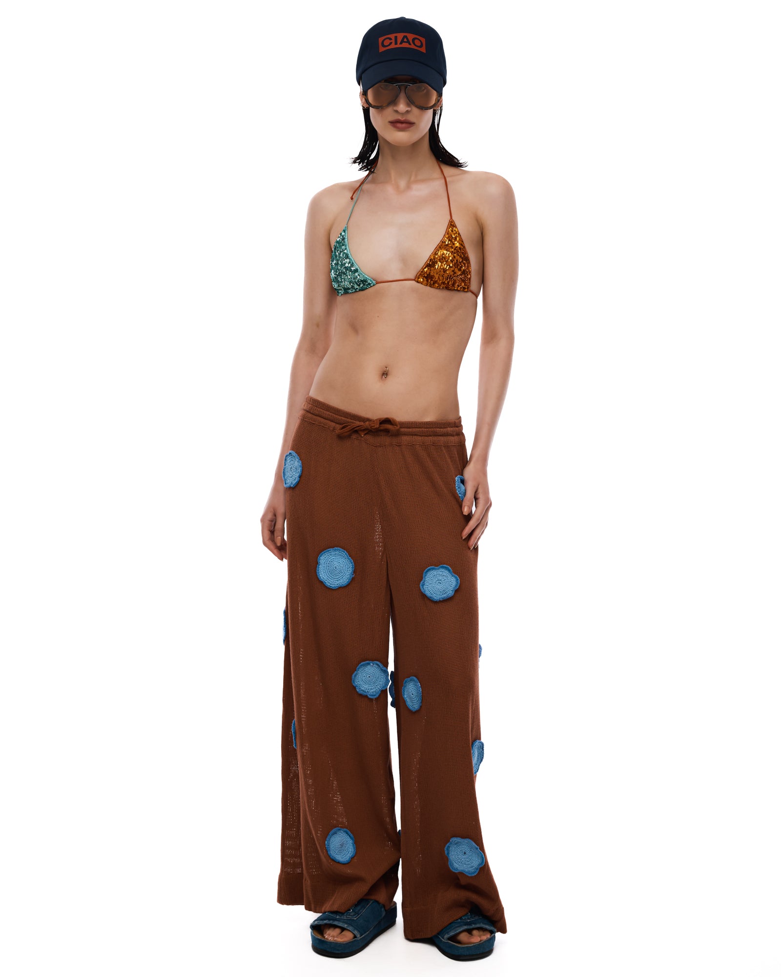 Cotton Mesh Crochet Flower Pants