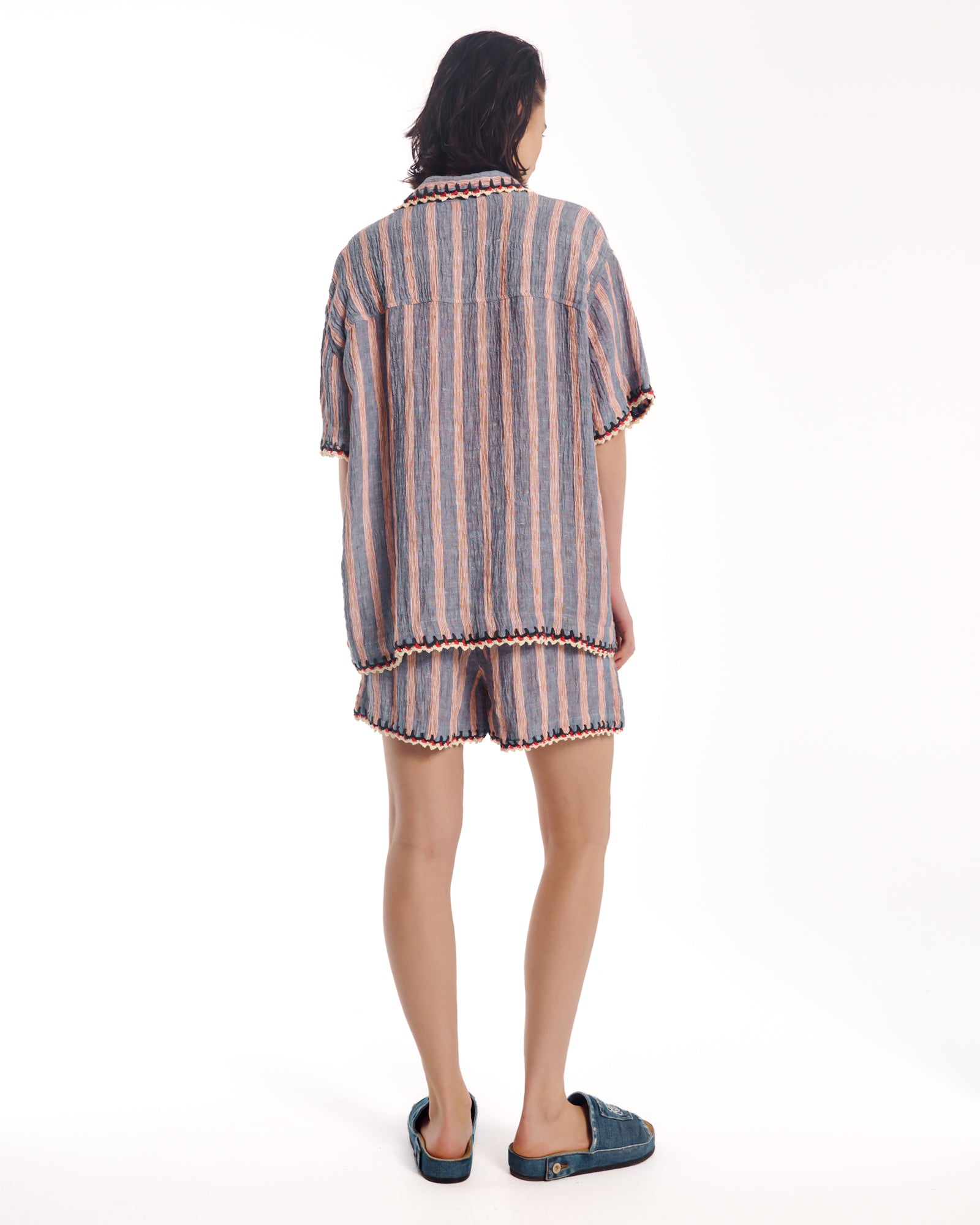 Hand Crochet Trimmed Stripe Linen Shirt