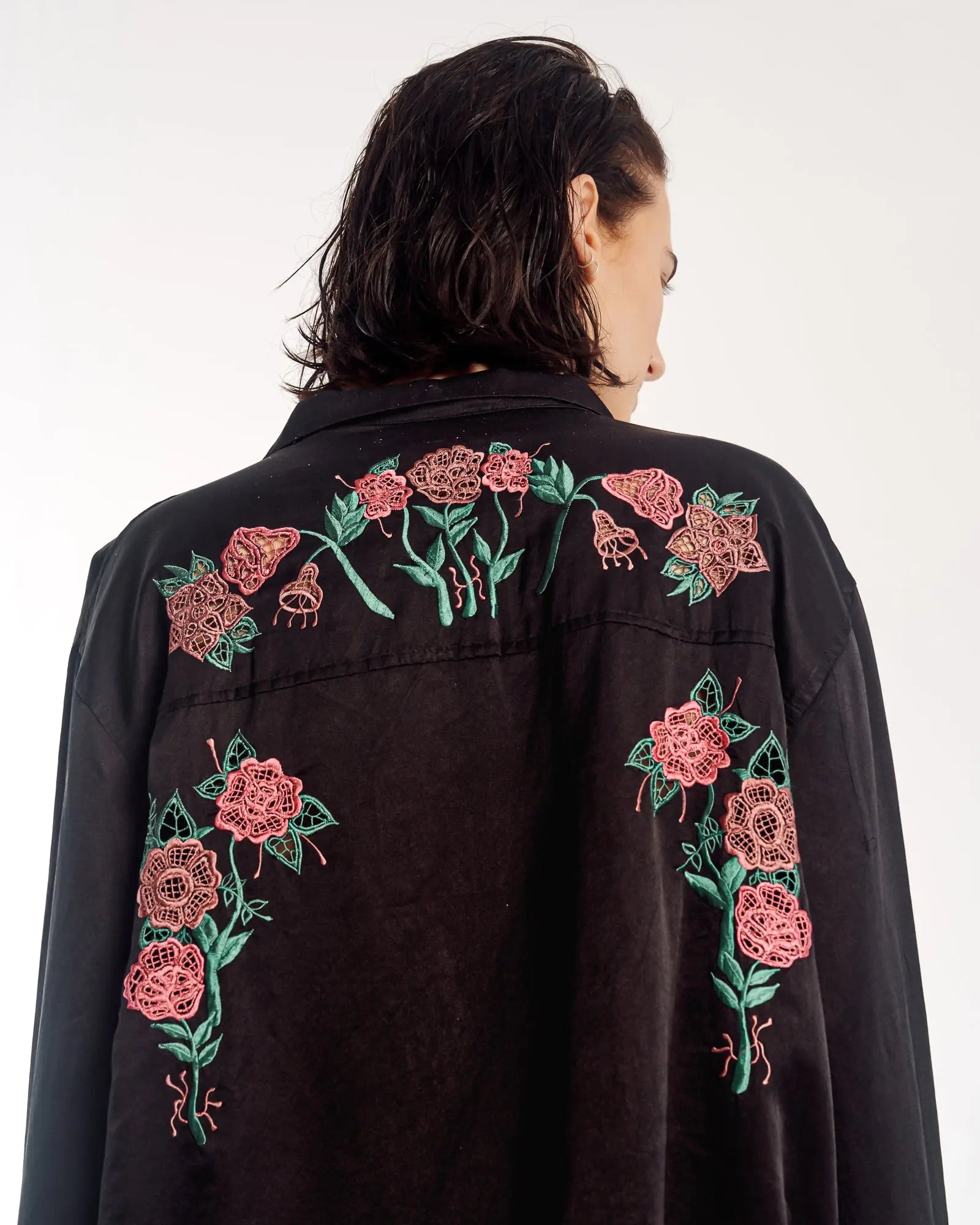 Rose Garden Satin Embroidered Peasant Shirt by THE TALES - close-up detail