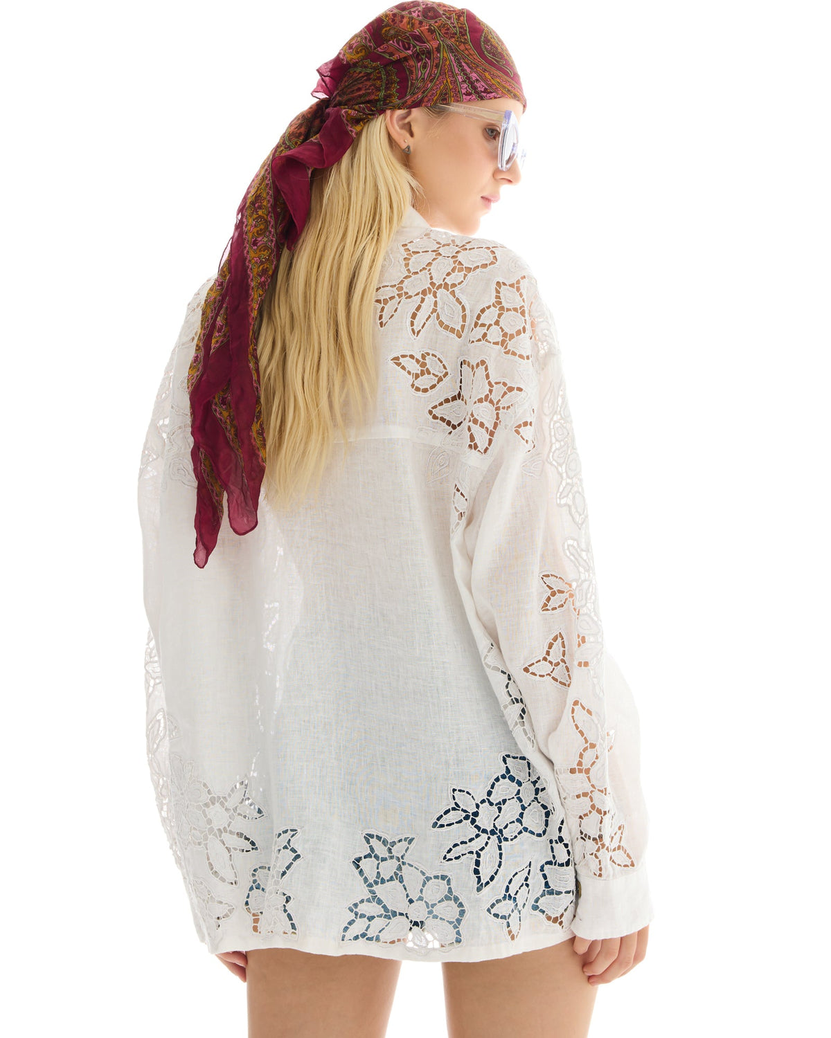 Ophelia Hand Embroidered Cut Out Floral Linen Shirt by THE TALES - back view