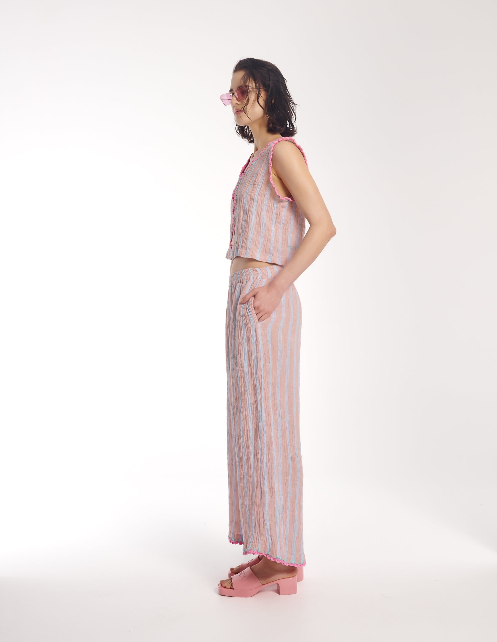Hand Crochet Trimmed Stripe Linen Pants