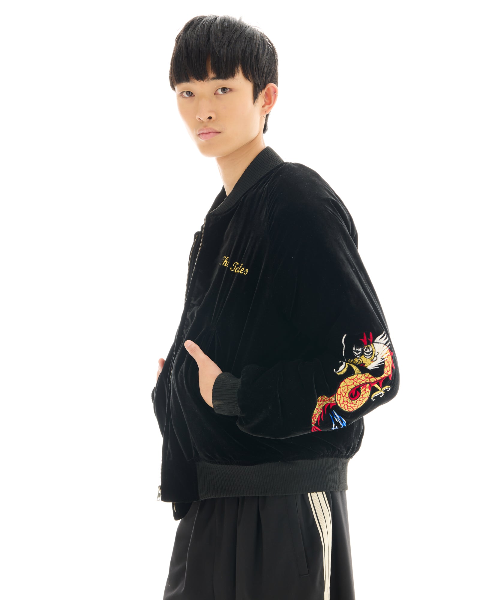 Tokyo Dragon Embroidered Velvet Bomber Jacket