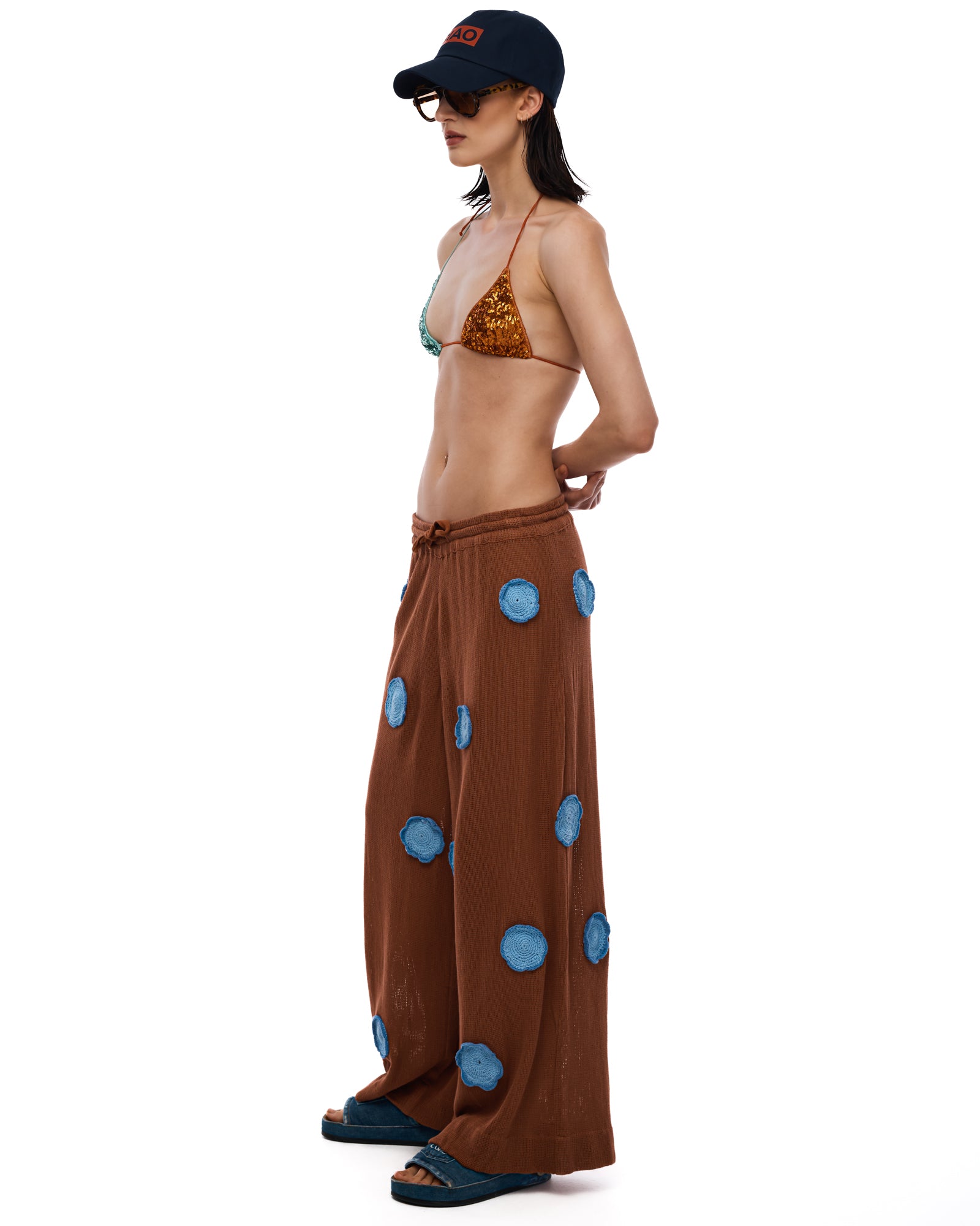 Cotton Mesh Crochet Flower Pants