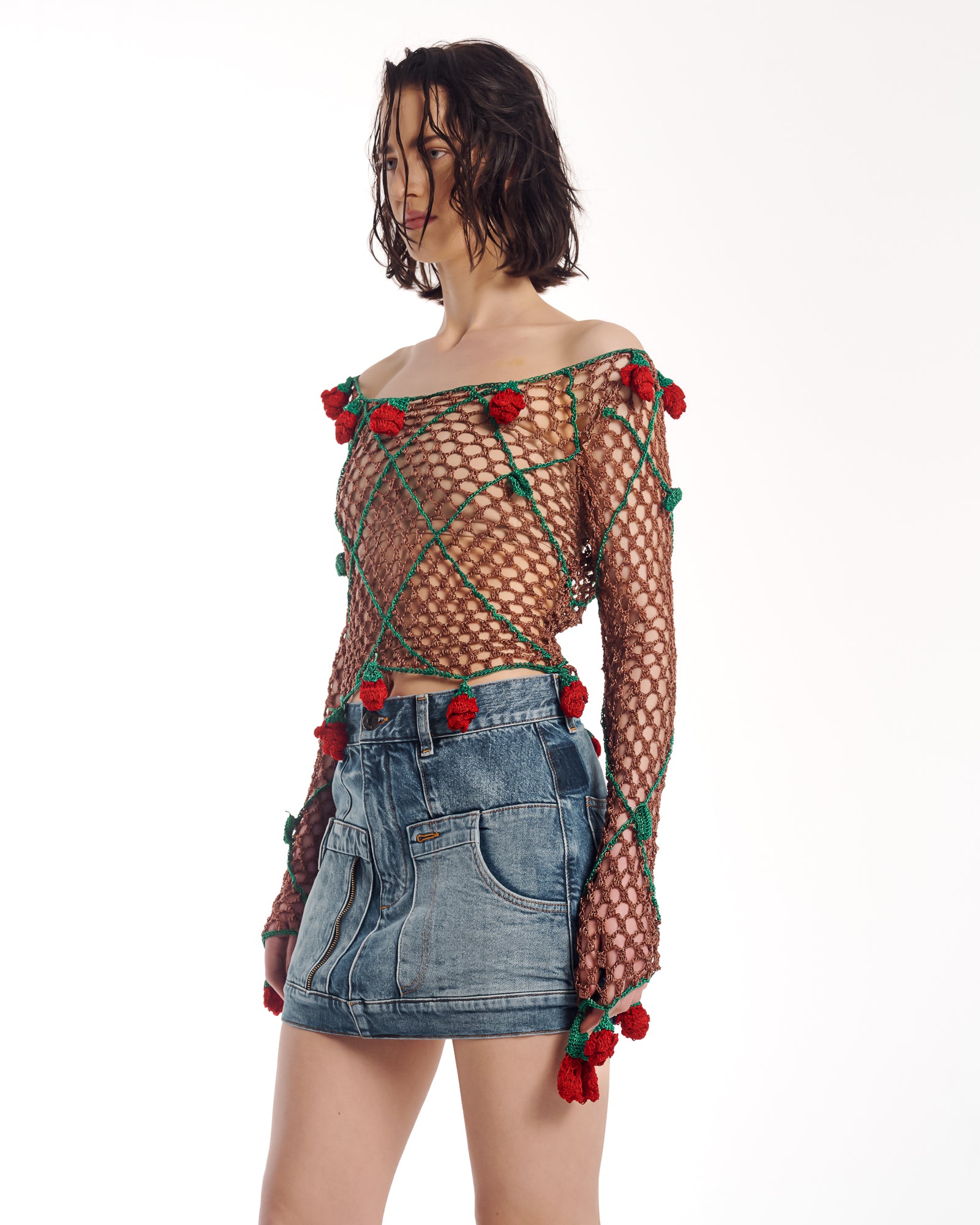 Couture Rose Hand Crochet Mesh Long Sleeve Top