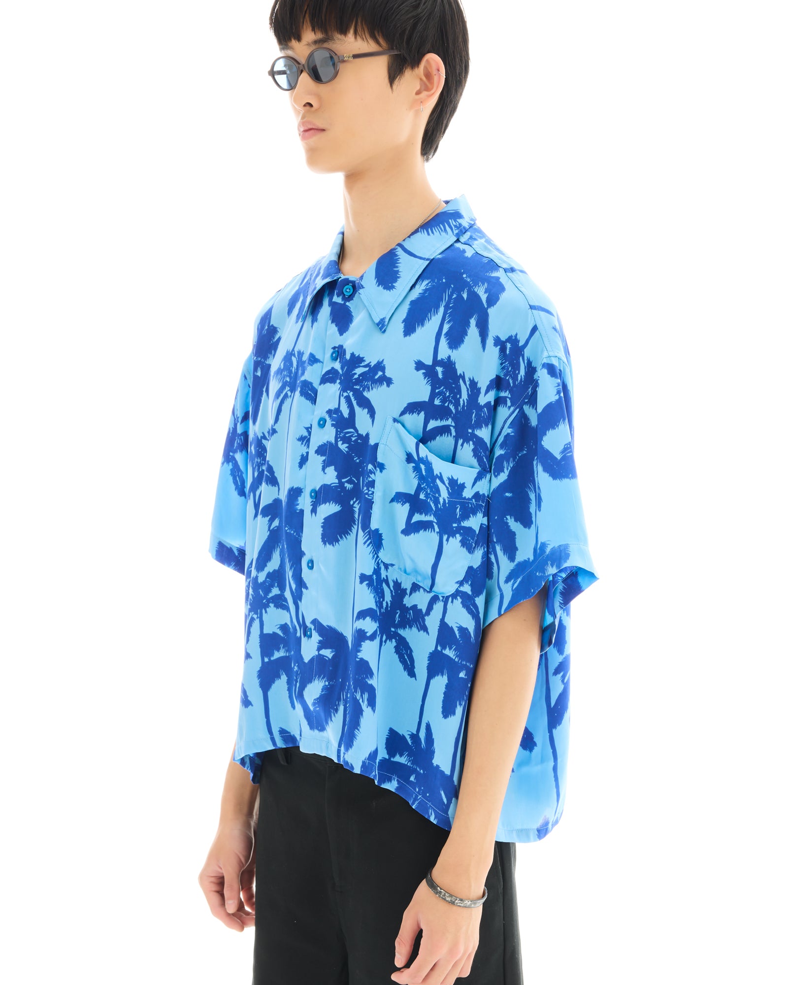 Blue Palm Oversized Silk Shirt