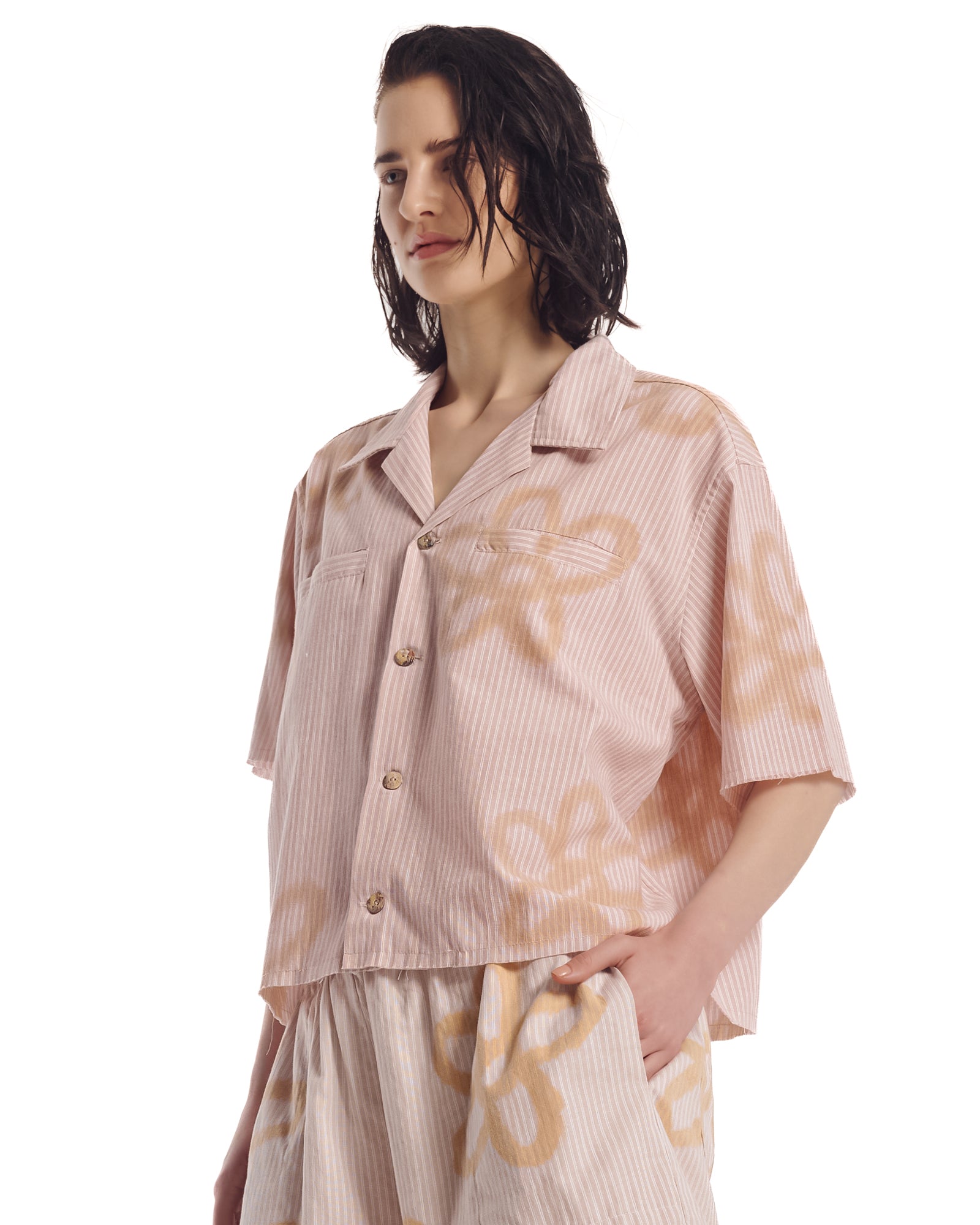 Hand Sprayed Flower Stripe Camp Shirt
