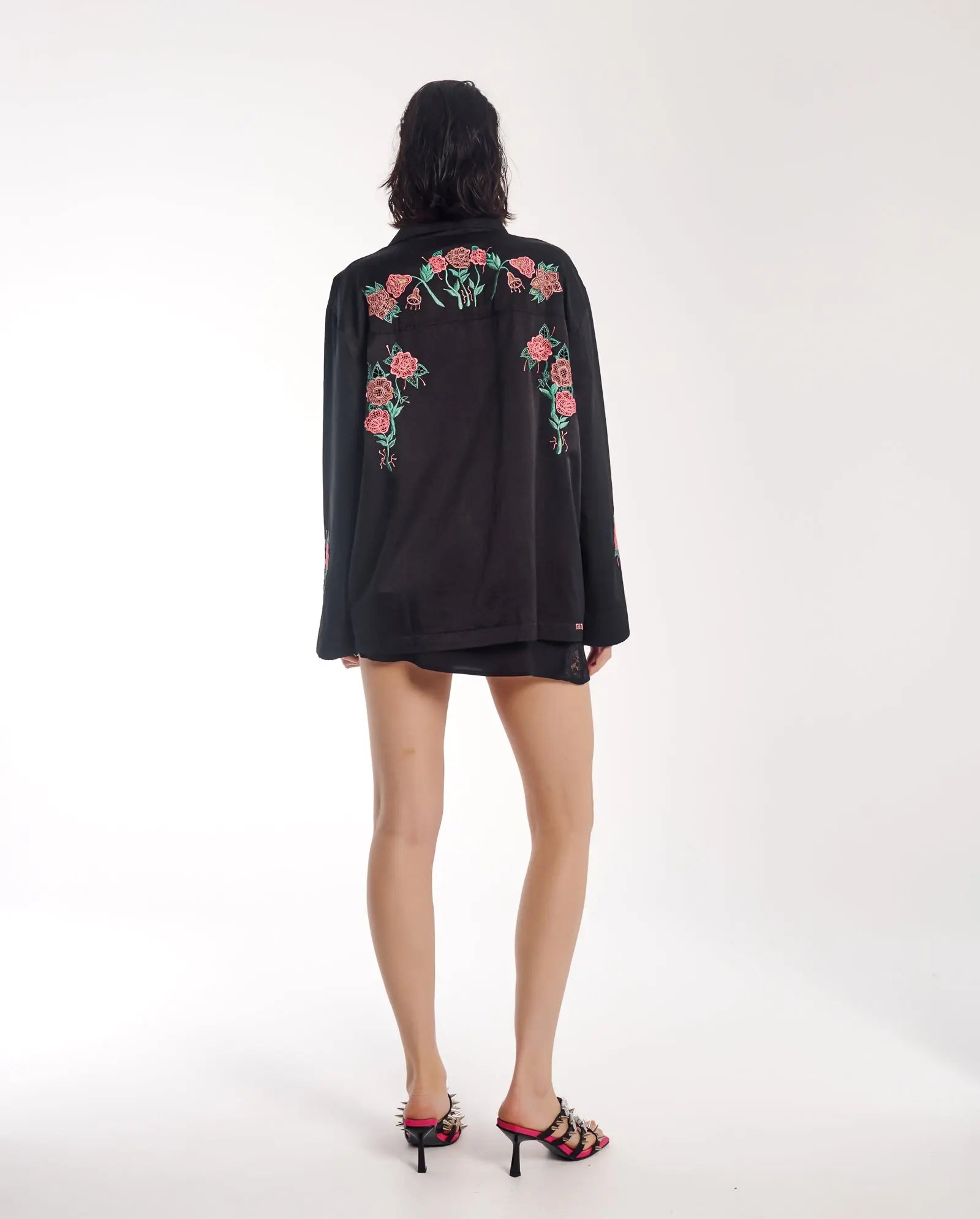 Rose Garden Satin Embroidered Peasant Shirt by THE TALES - back view full length