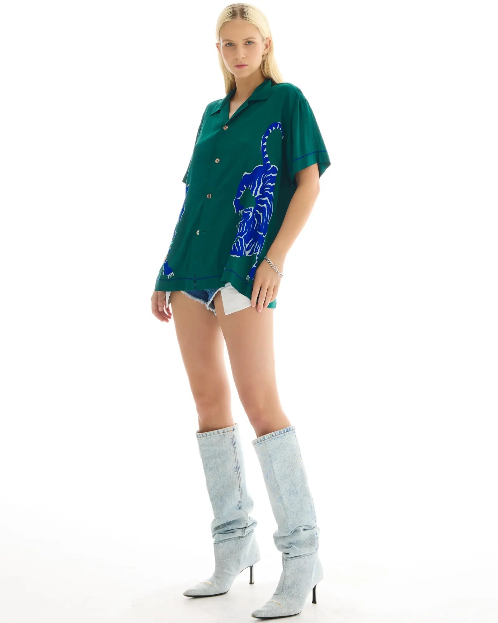 Crouching Tiger Emerald Camp Shirt by THE TALES - detail view