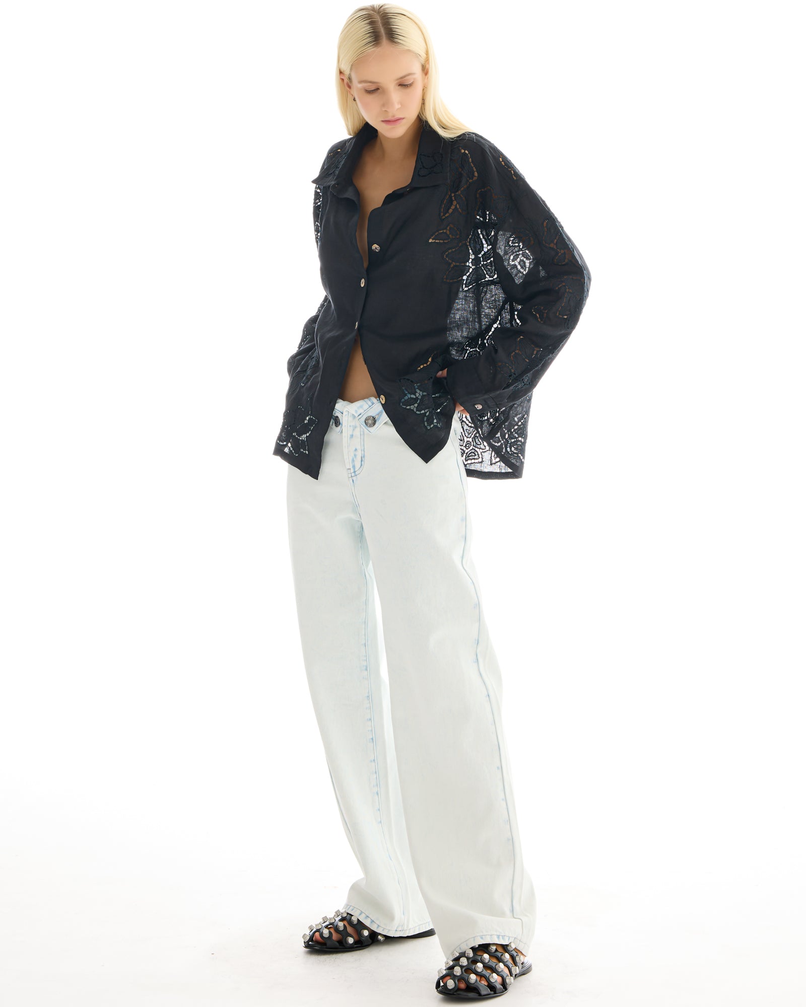 Hand Embroidered Cut Out Floral Linen Shirt