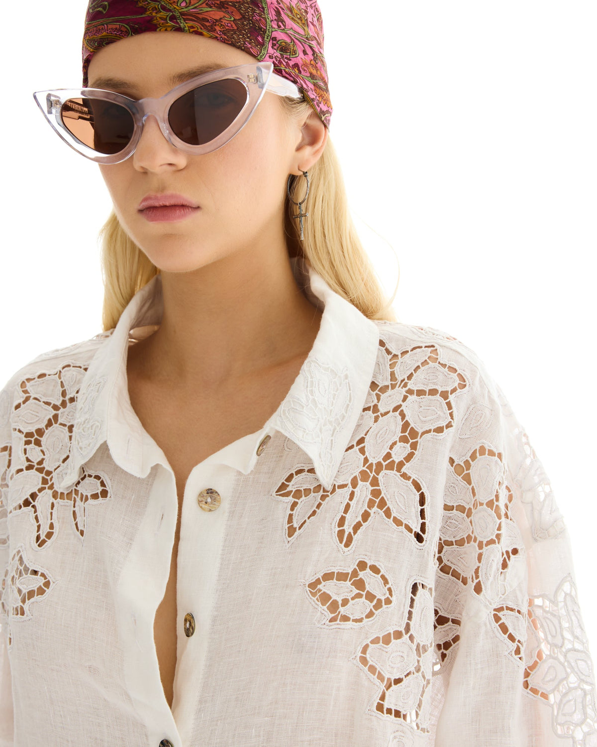 Ophelia Hand Embroidered Cut Out Floral Linen Shirt by THE TALES - detail view