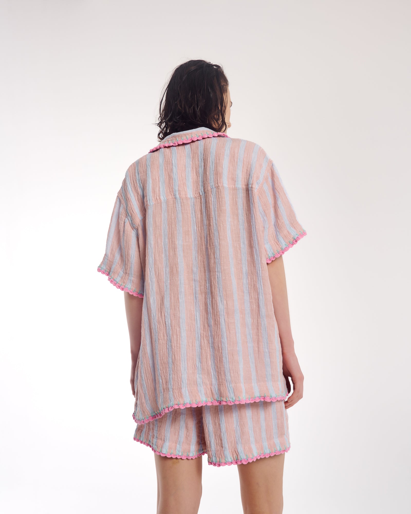 Hand Crochet Trimmed Stripe Linen Shorts