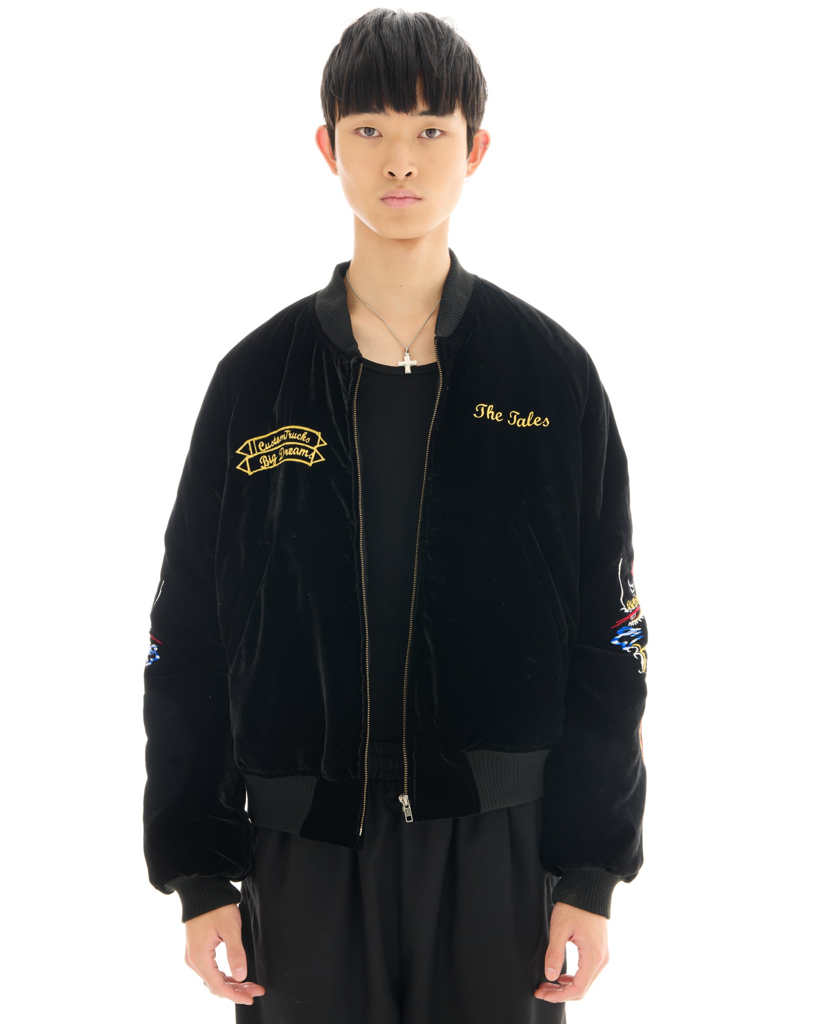 Tokyo Dragon Embroidered Velvet Bomber Jacket