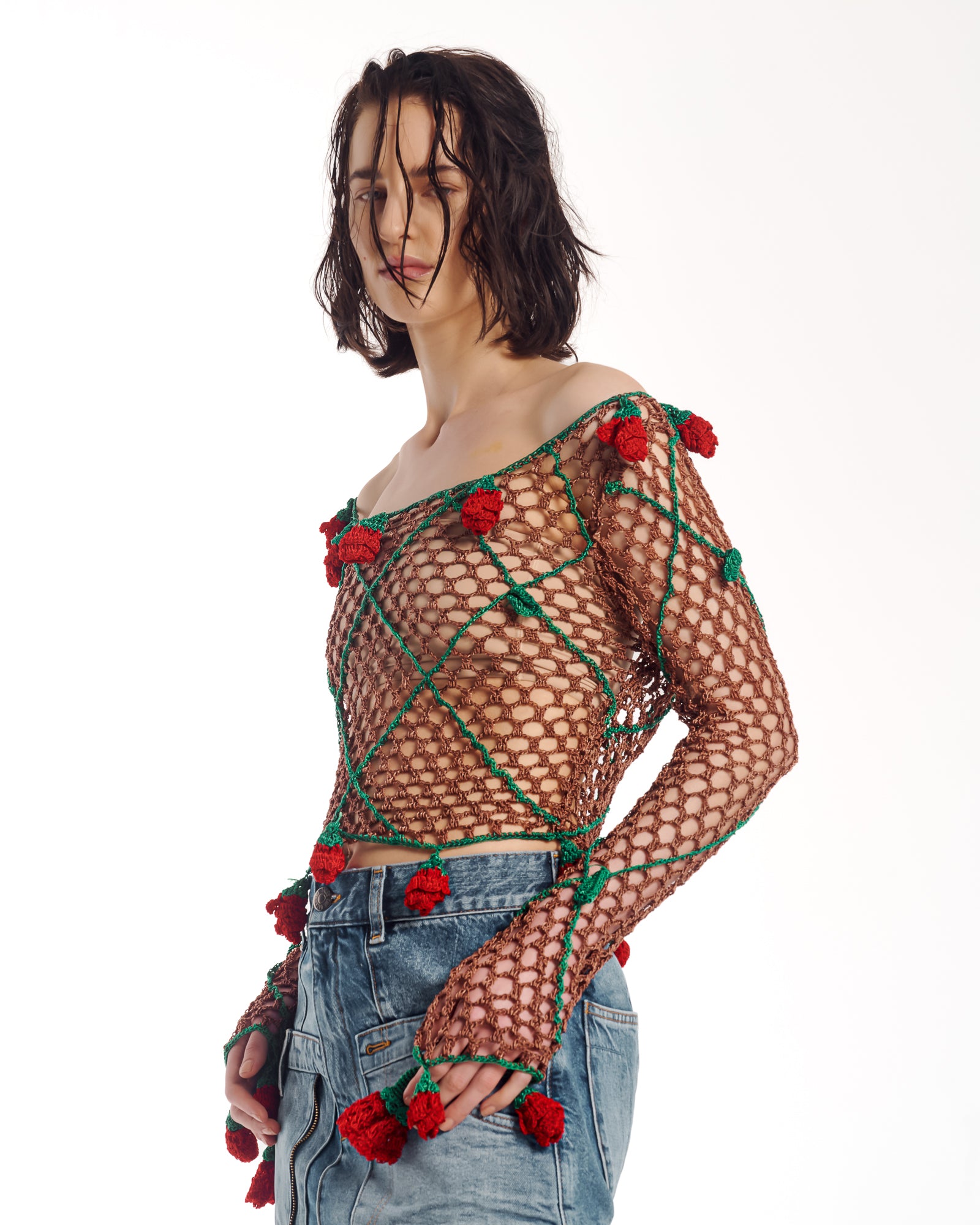 Couture Rose Hand Crochet Mesh Long Sleeve Top