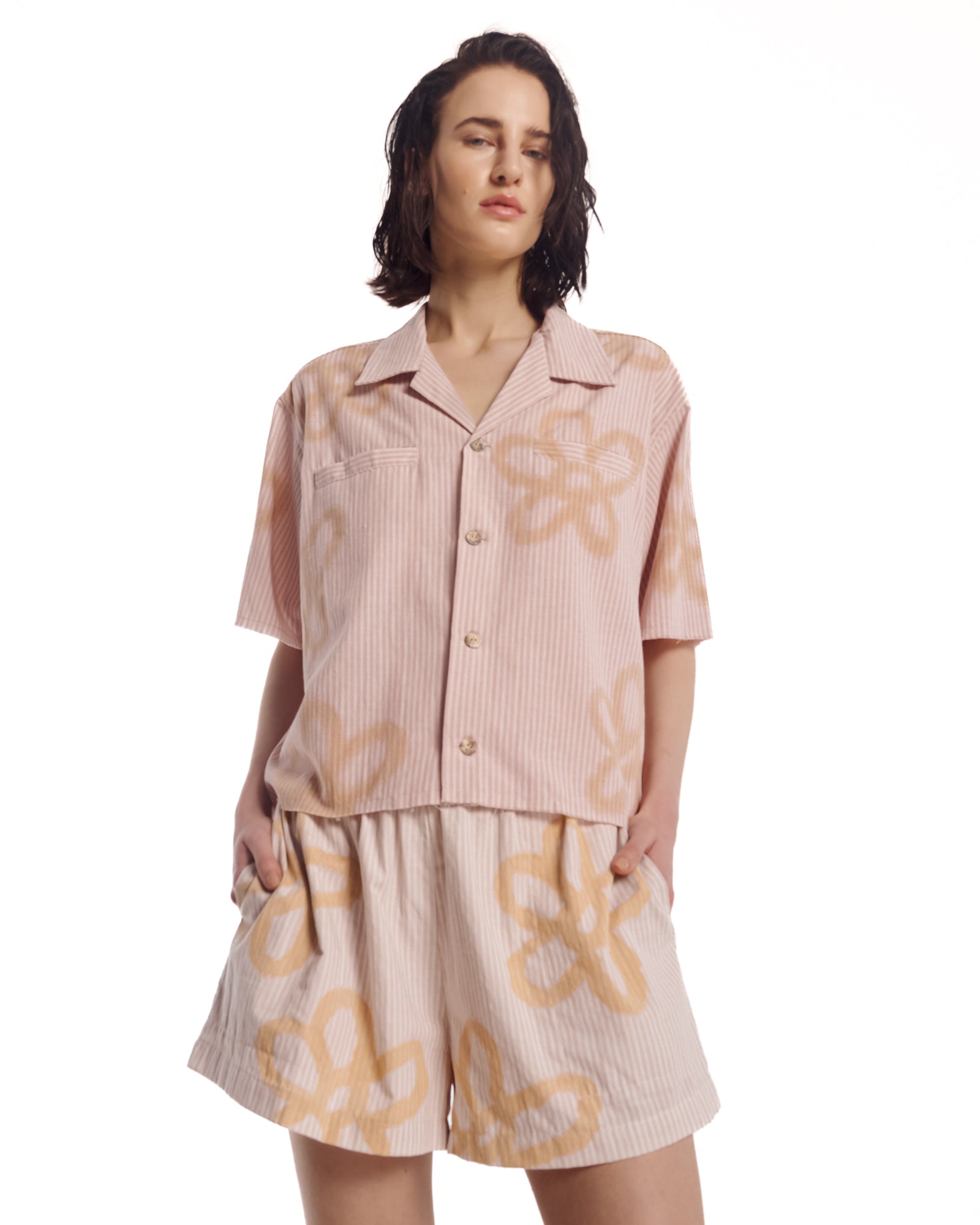 Hand Sprayed Flower Stripe Camp Shirt