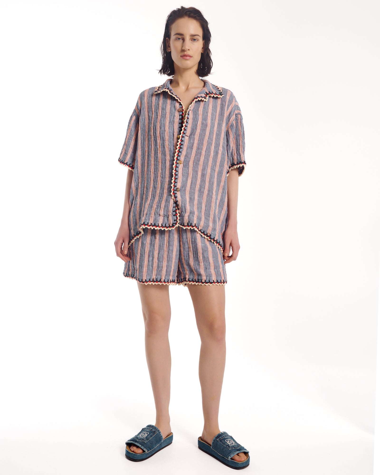 Hand Crochet Trimmed Stripe Linen Shirt