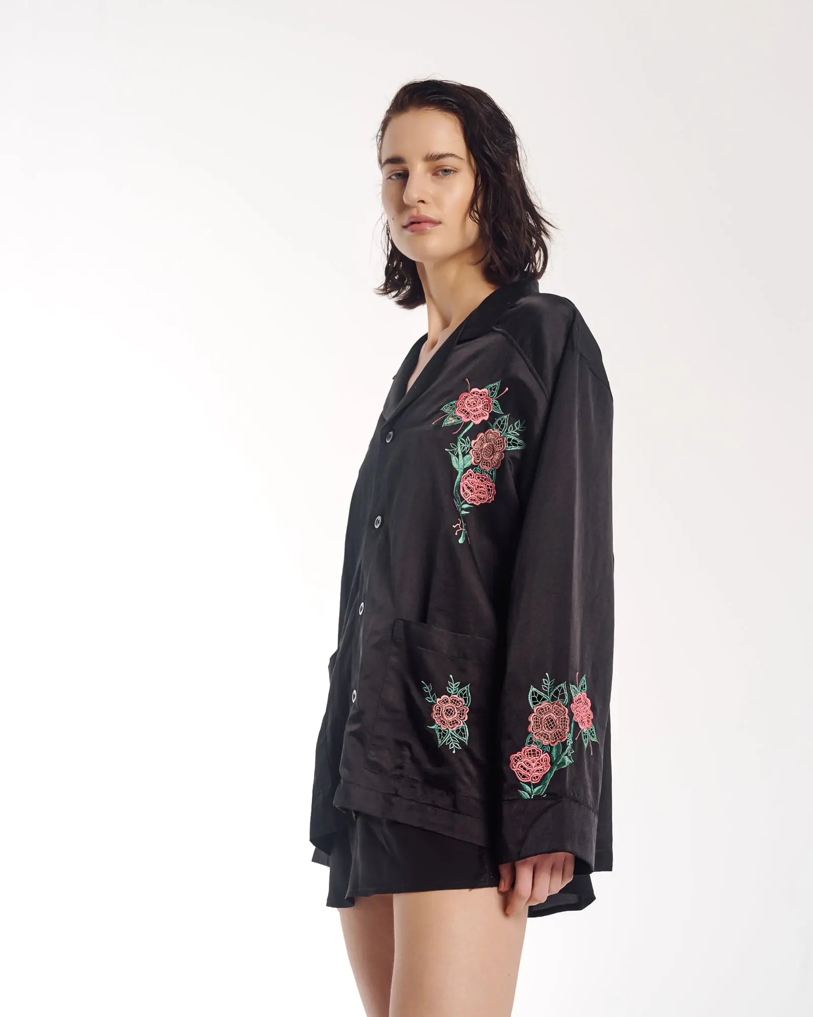 Rose Garden Satin Embroidered Peasant Shirt by THE TALES - close-up detail