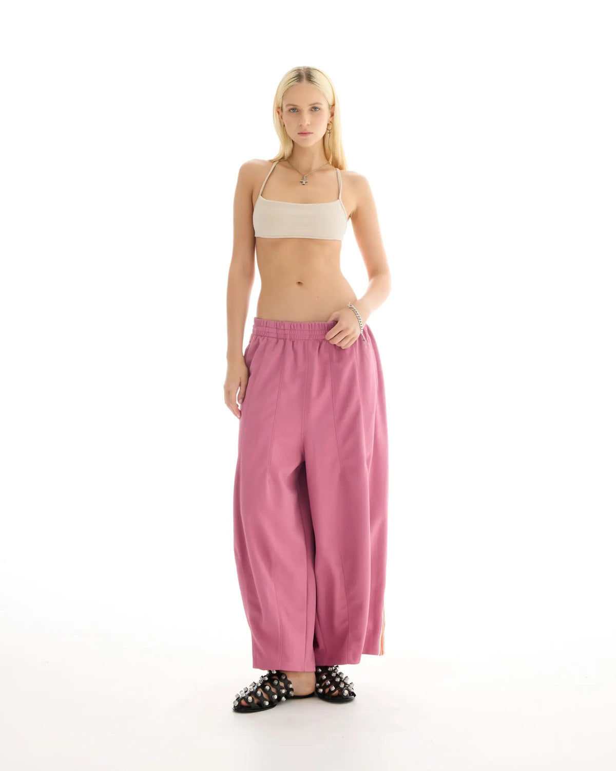 The Tales Harajuku Muted Pink Track Pant by THE TALES - pink colorway, detail view