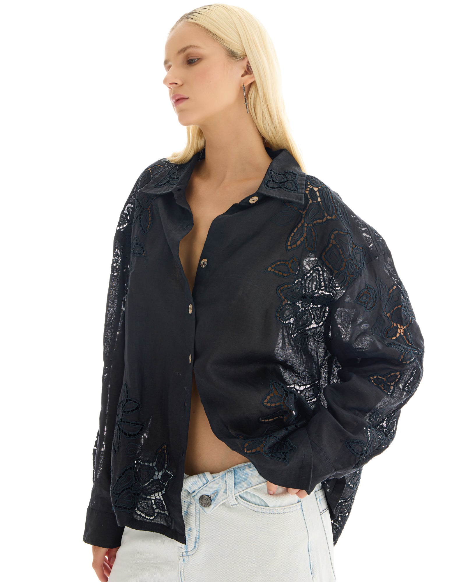 Hand Embroidered Cut Out Floral Linen Shirt