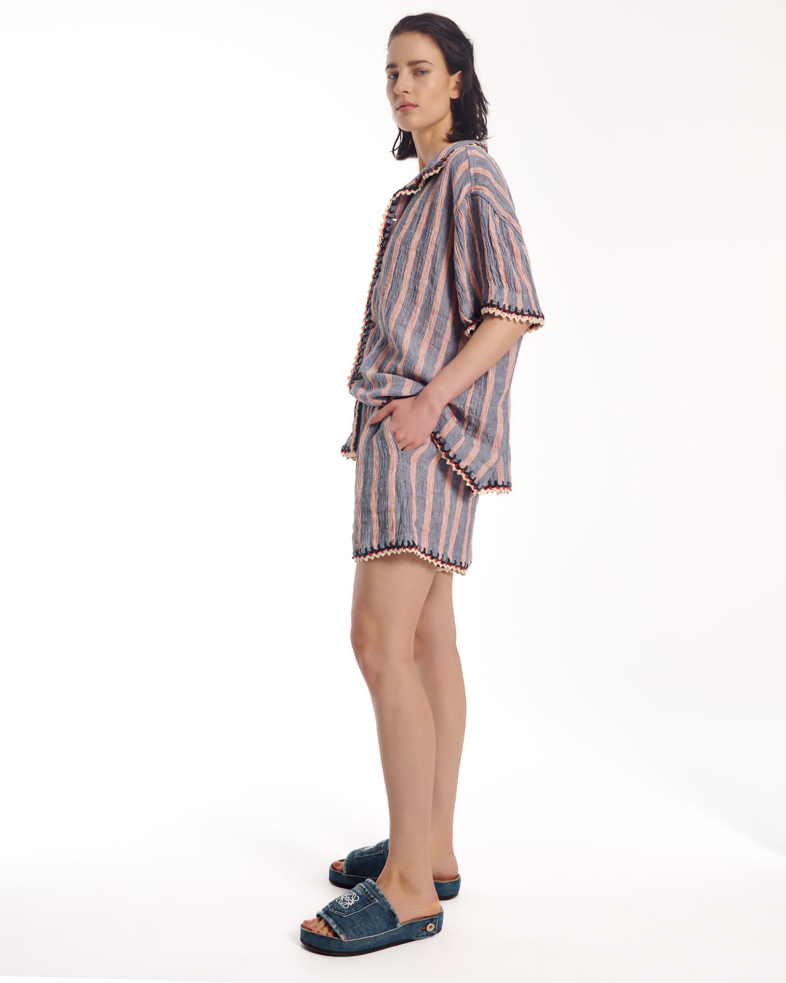 Hand Crochet Trimmed Stripe Linen Shirt
