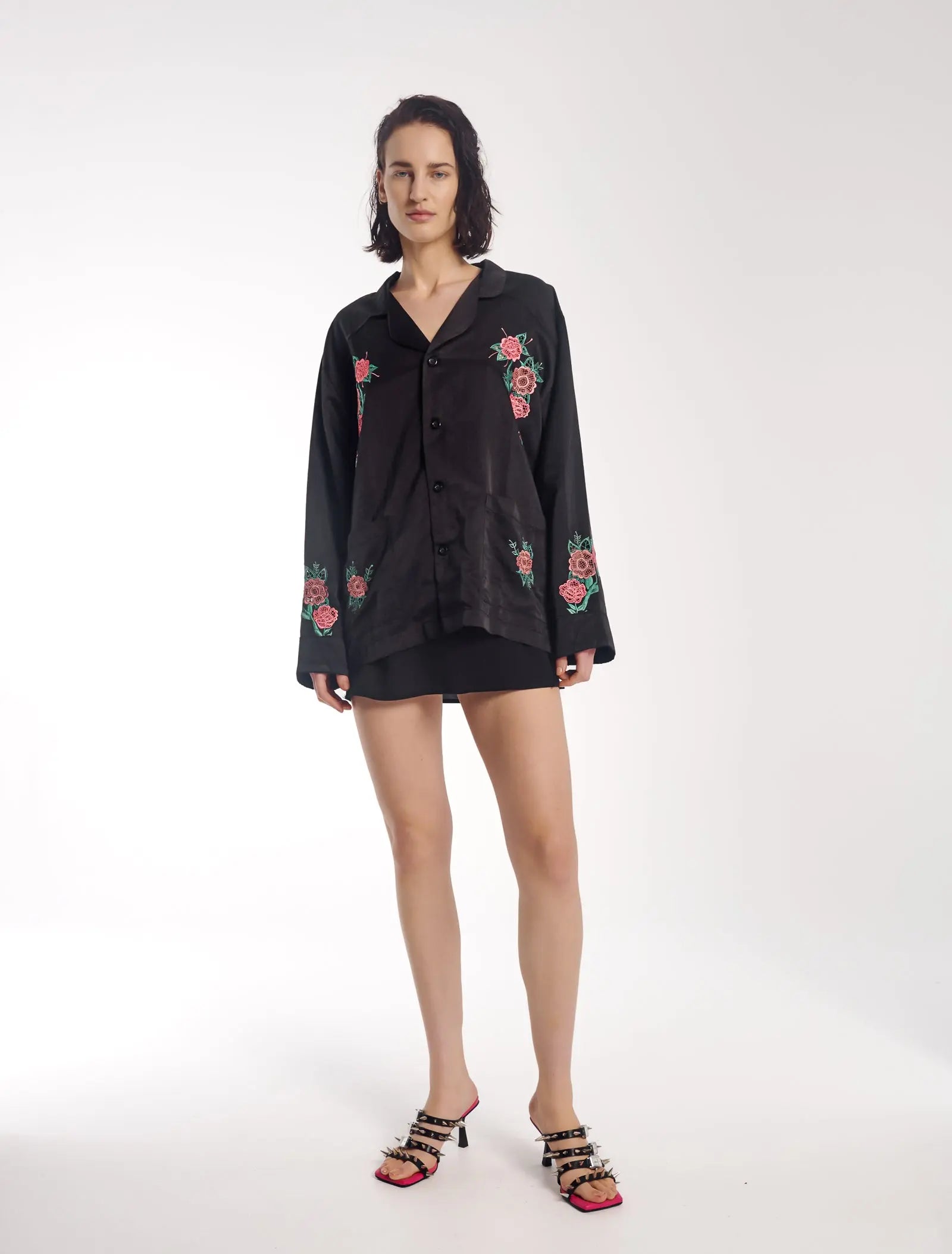 Rose Garden Satin Embroidered Peasant Shirt by THE TALES - front view full length