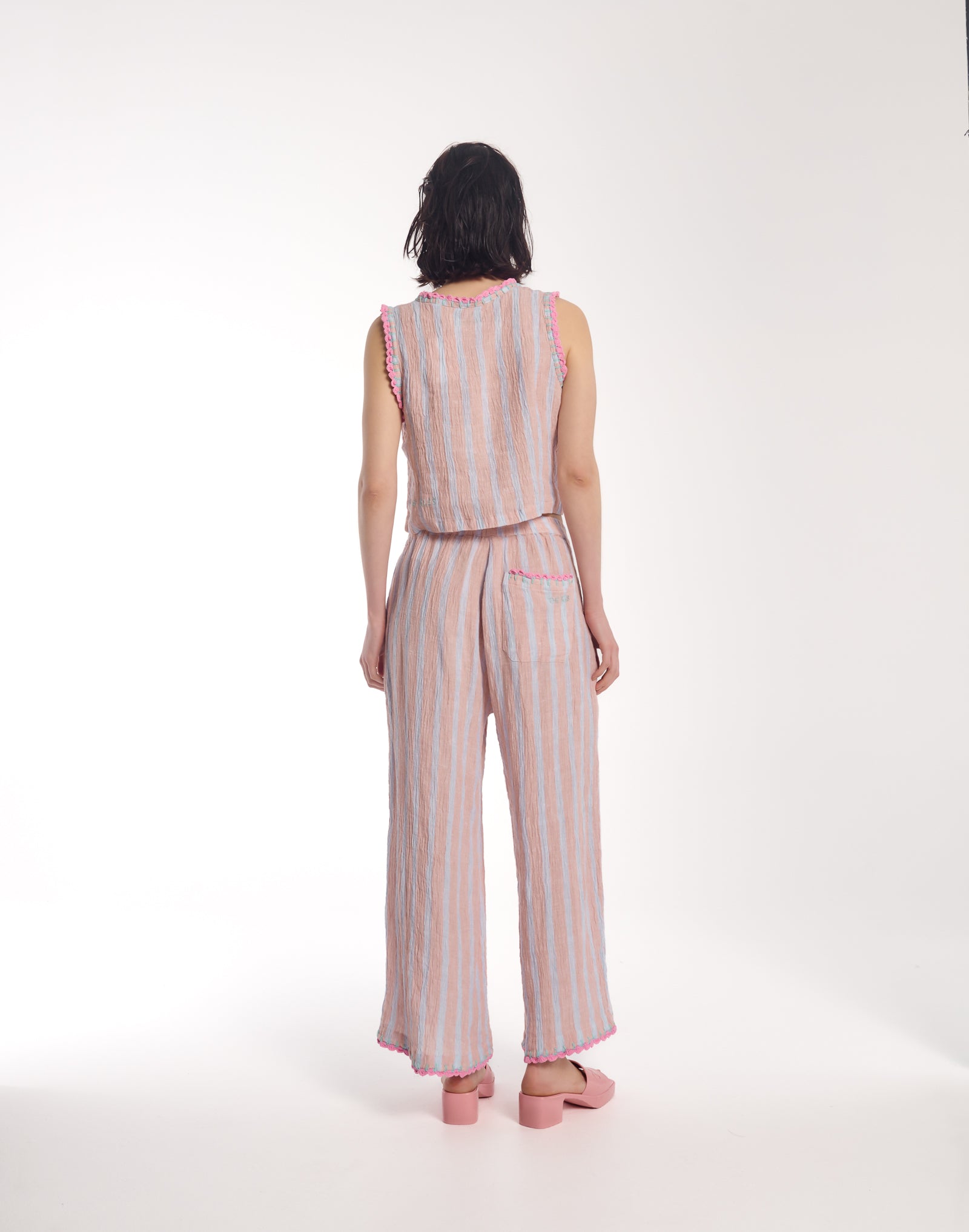 Hand Crochet Trimmed Stripe Linen Pants