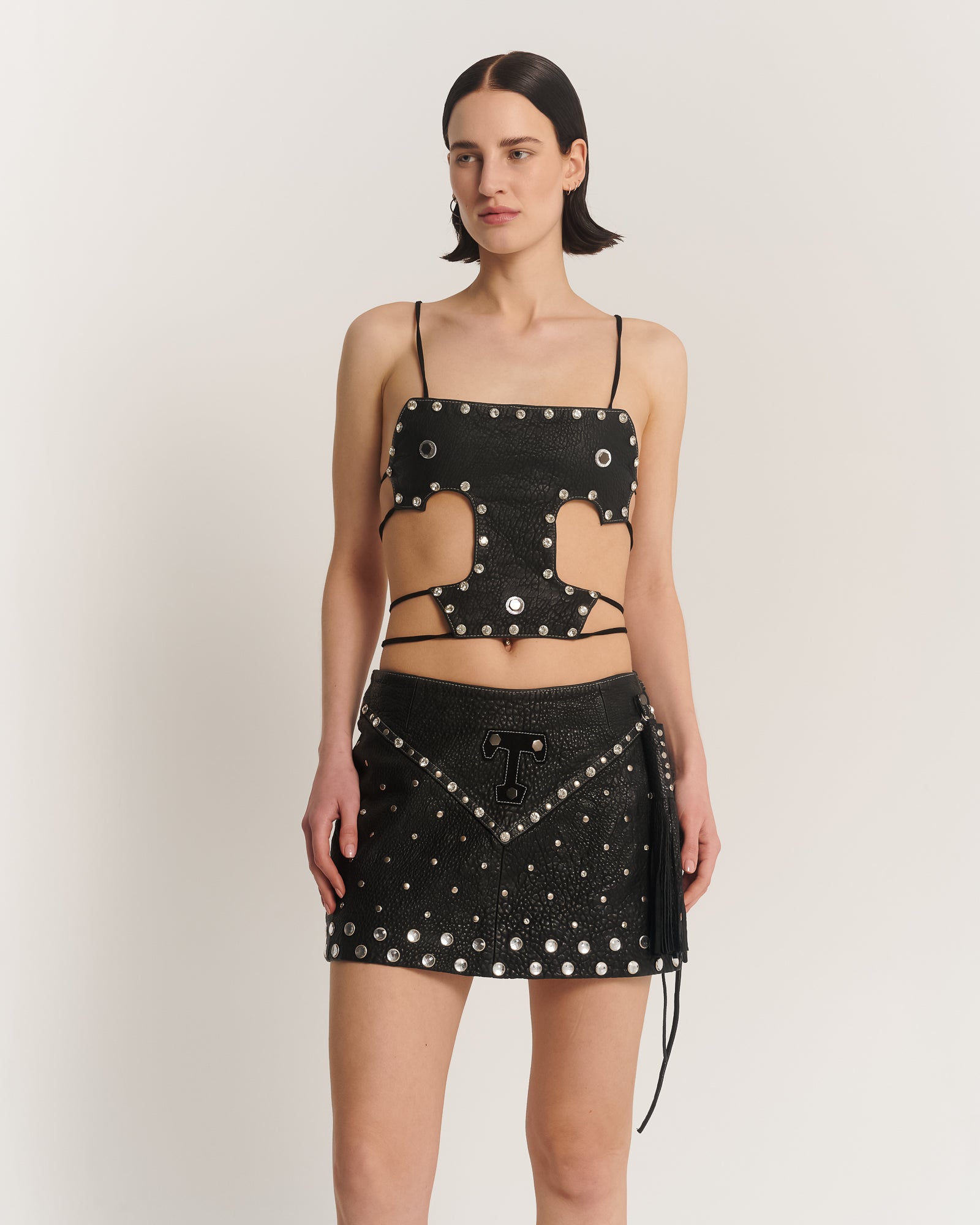 Heaven Sent Me Embellished Leather Whip Skirt
