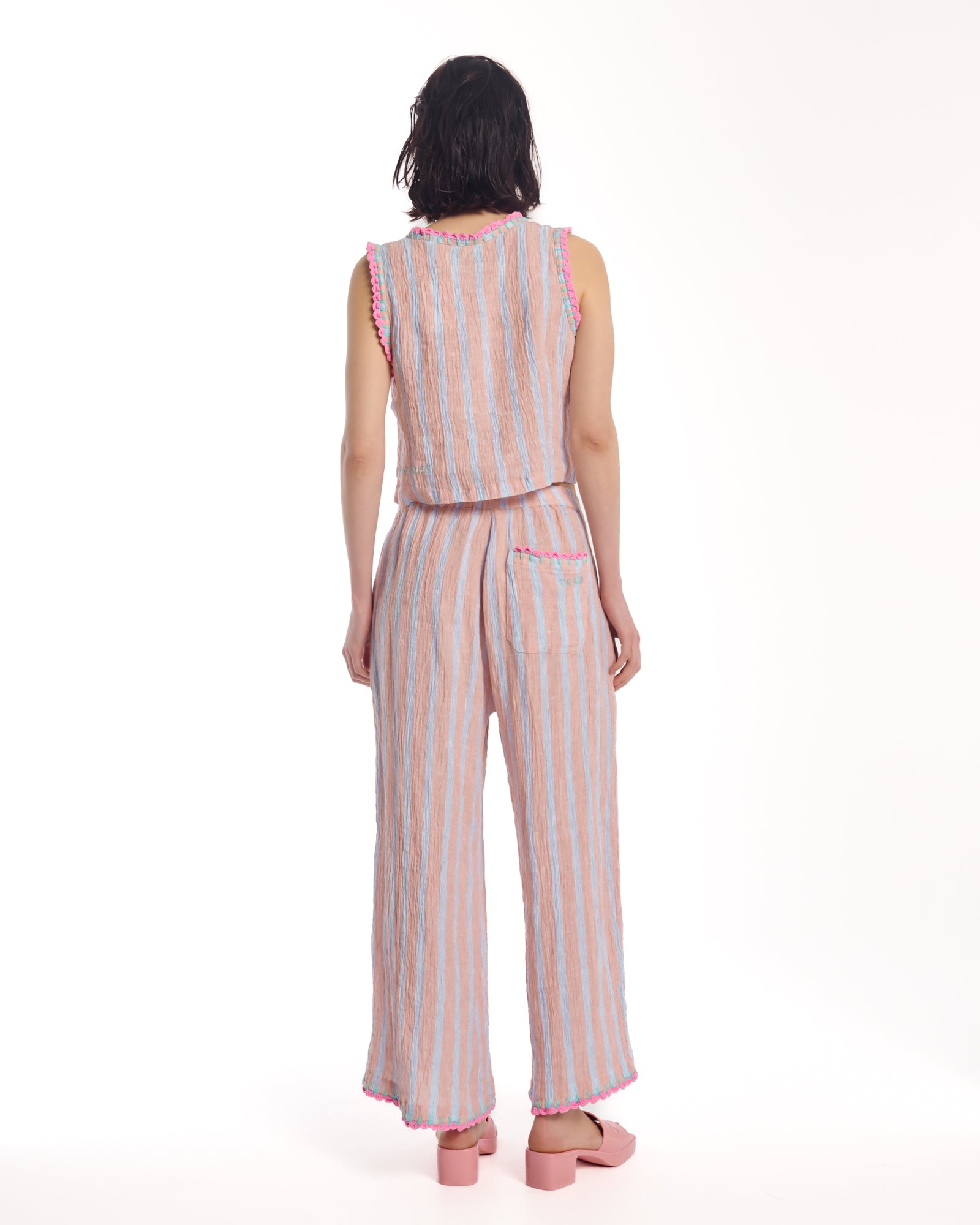 Hand Crochet Trimmed Stripe Linen Pants