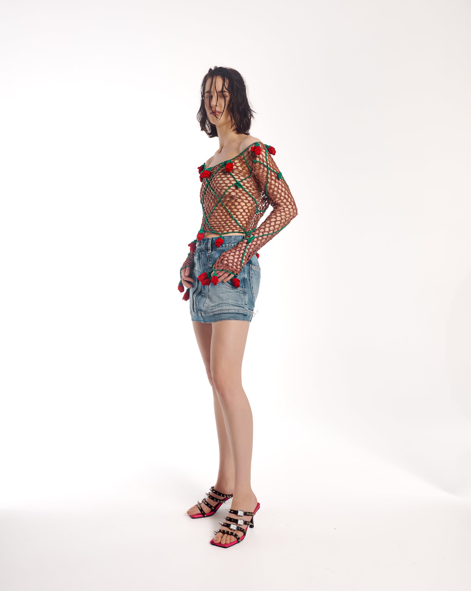 Couture Rose Hand Crochet Mesh Long Sleeve Top