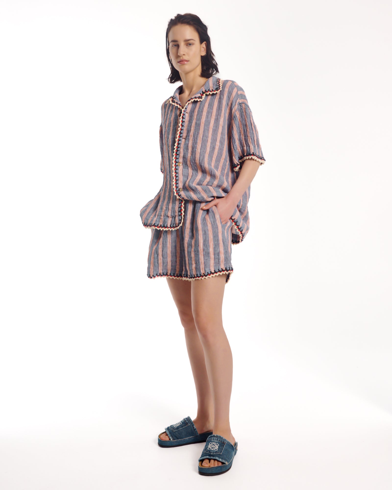 Hand Crochet Trimmed Stripe Linen Shirt