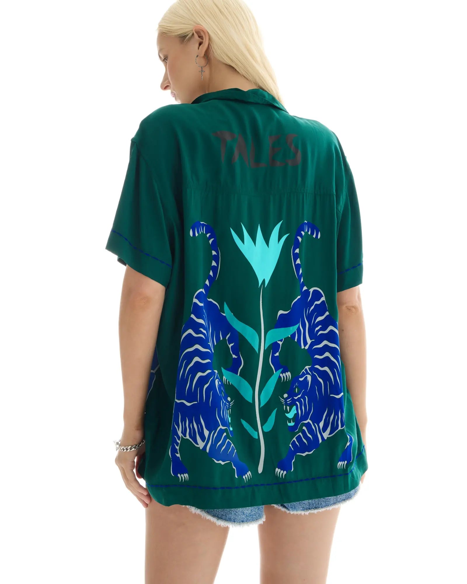 Crouching Tiger Emerald Camp Shirt by THE TALES - styled view