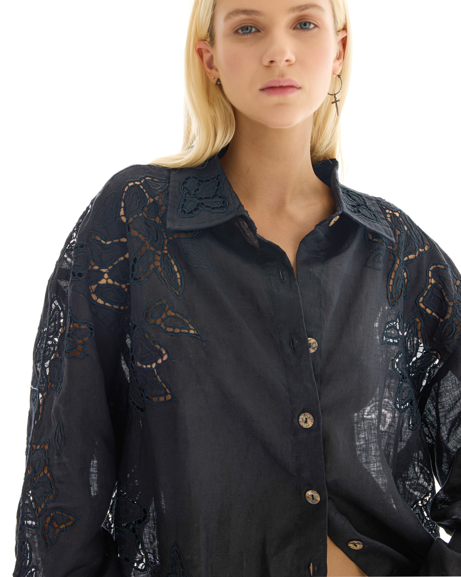 Hand Embroidered Cut Out Floral Linen Shirt