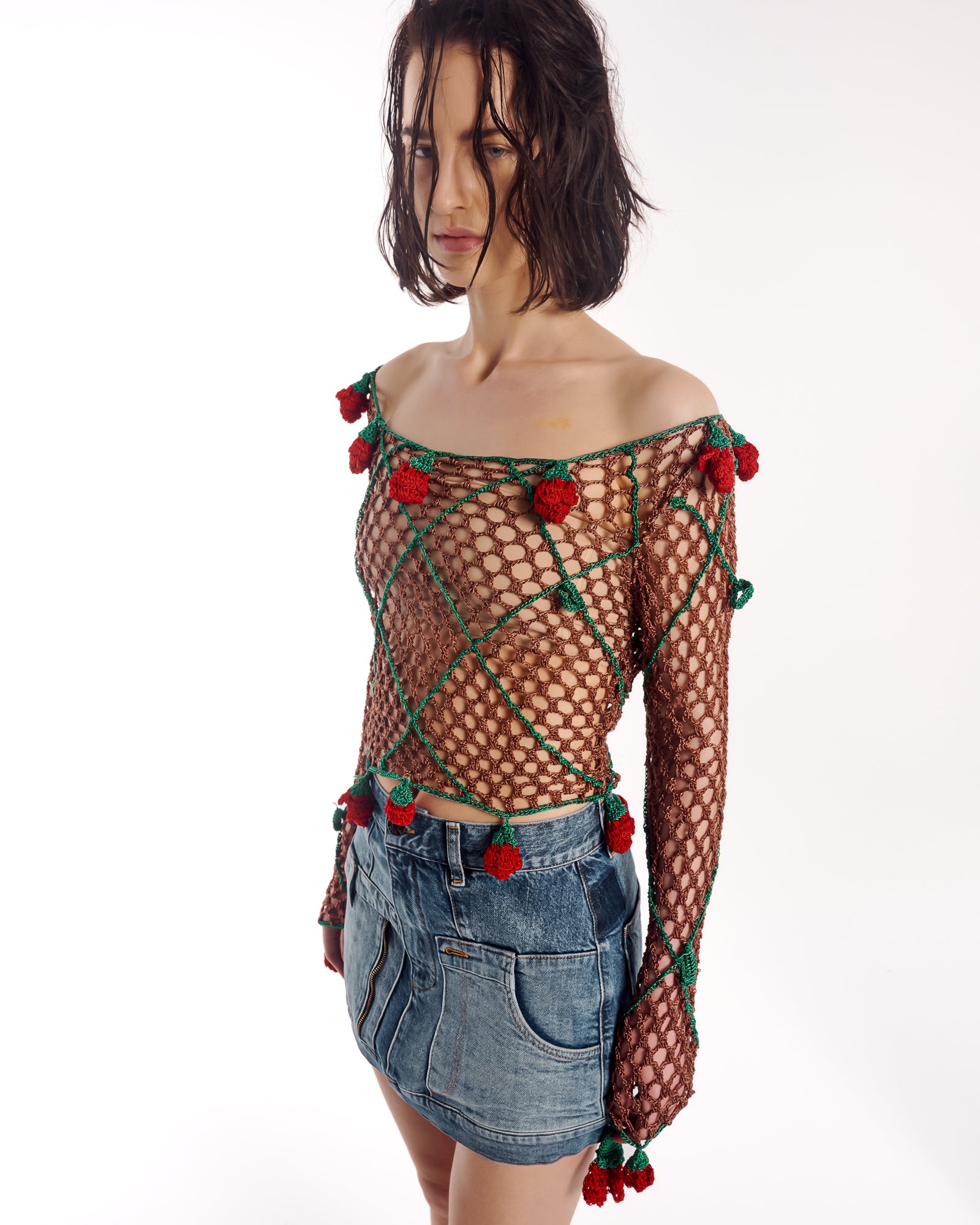 Couture Rose Hand Crochet Mesh Long Sleeve Top